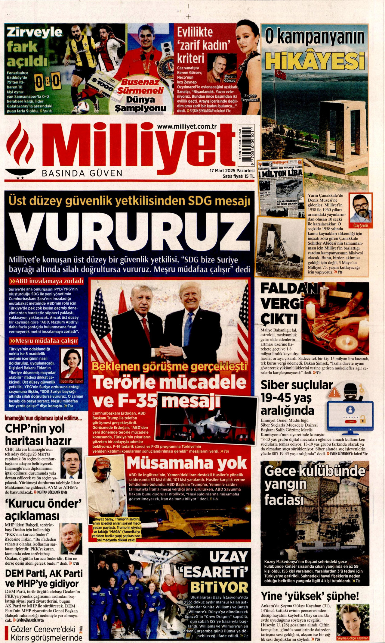 MİLLİYET gazetesinin 17 Mart 2025 tarihli birinci sayfası