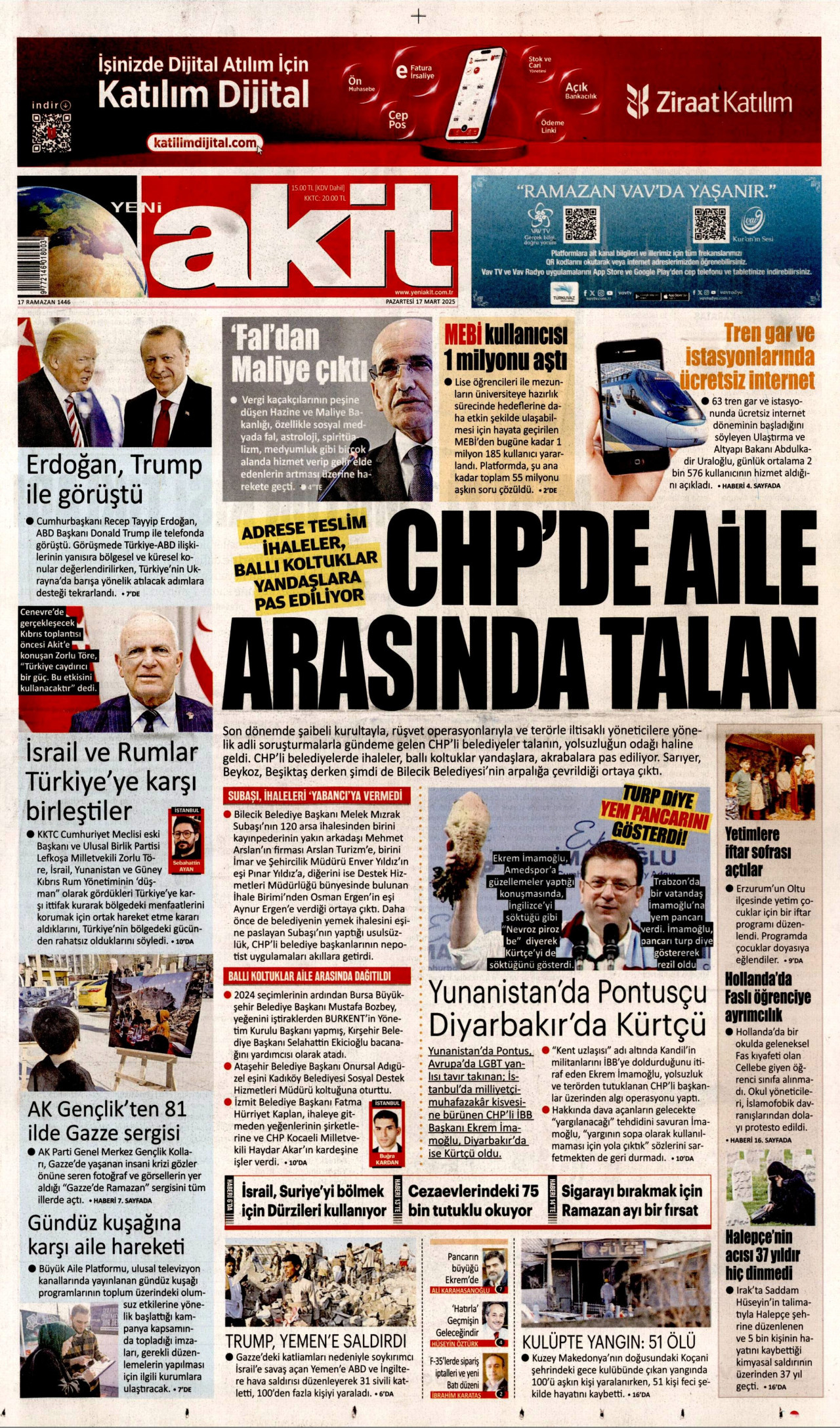 YENİ AKİT gazetesinin 17 Mart 2025 tarihli birinci sayfası