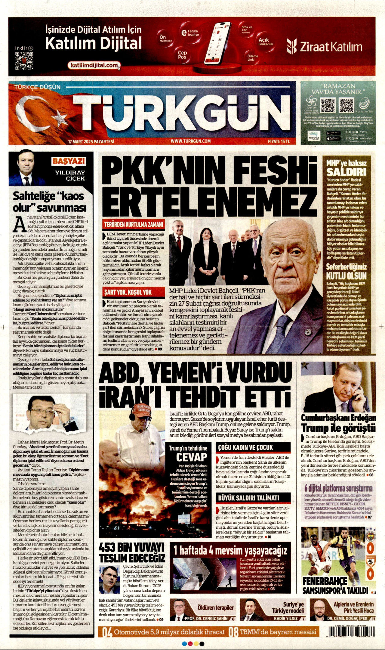 TÜRKGÜN gazetesinin 17 Mart 2025 tarihli birinci sayfası