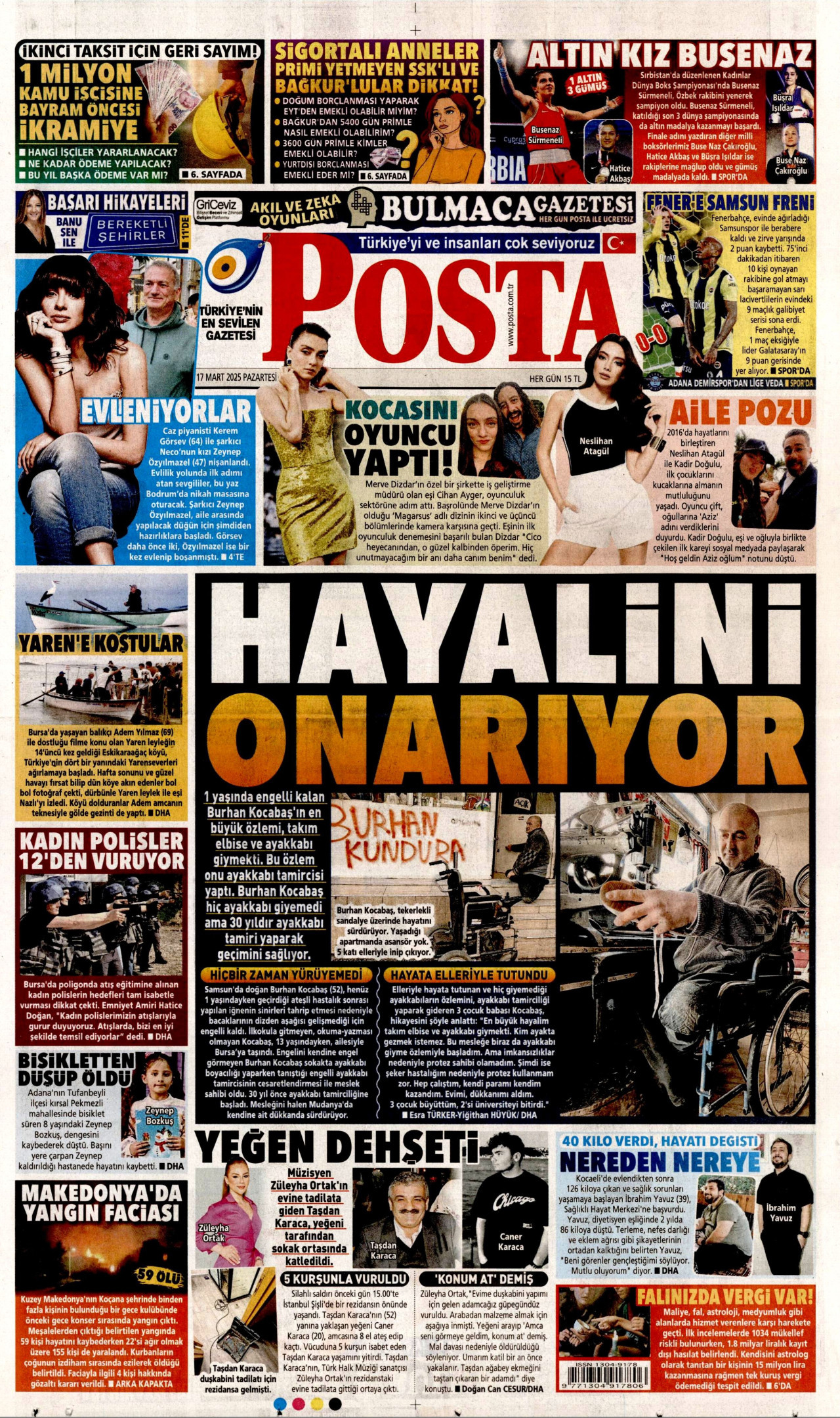 POSTA gazetesinin 17 Mart 2025 tarihli birinci sayfası