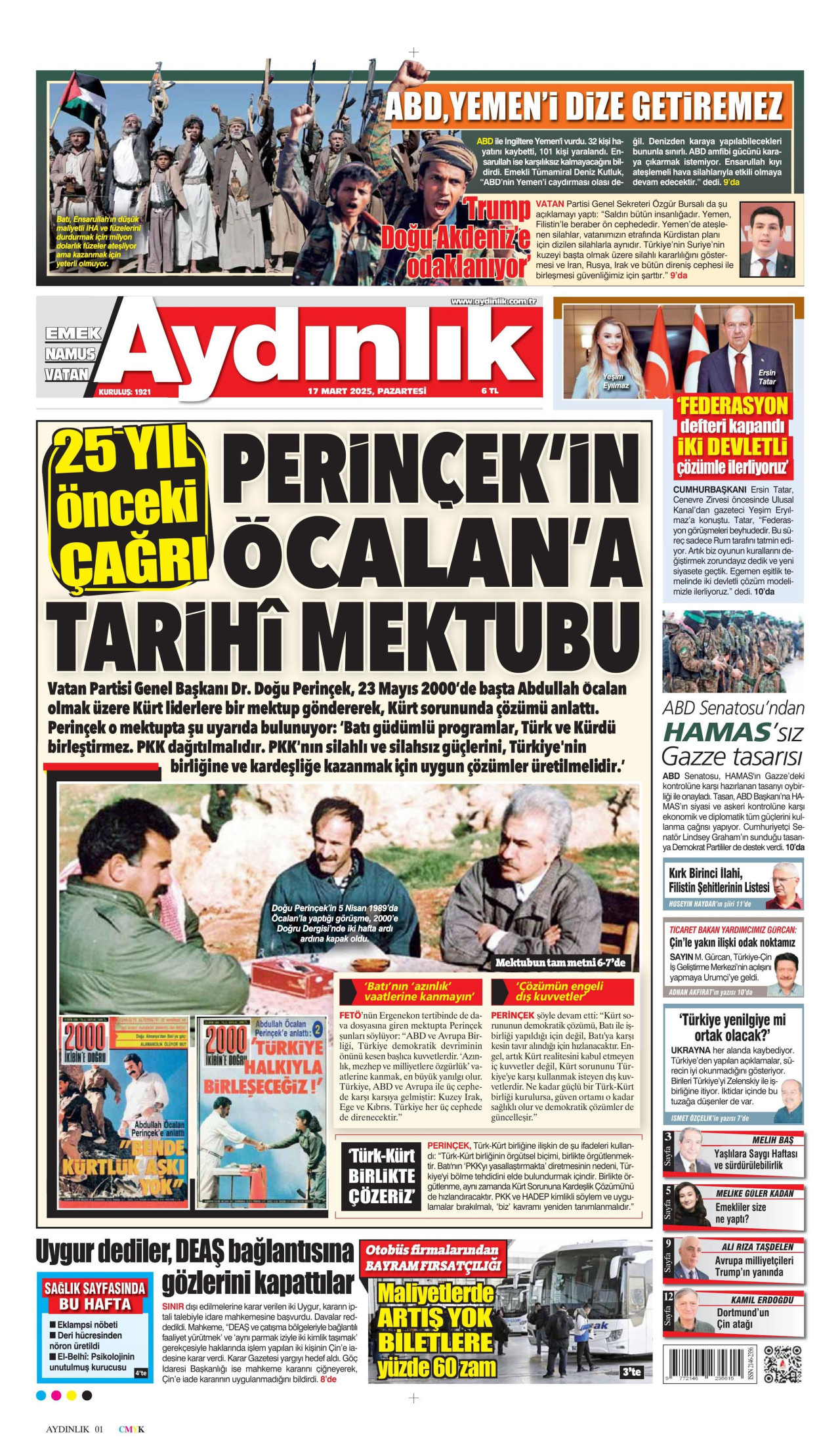 AYDINLIK GAZETESİ gazetesinin 17 Mart 2025 tarihli birinci sayfası