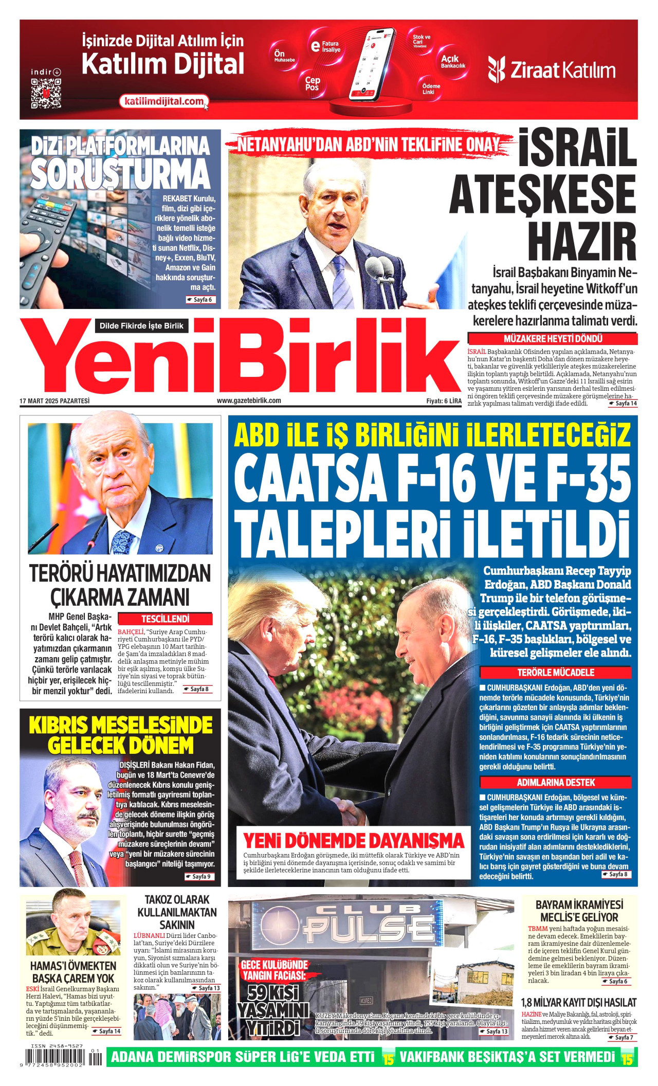 YENİBİRLİK gazetesinin 17 Mart 2025 tarihli birinci sayfası