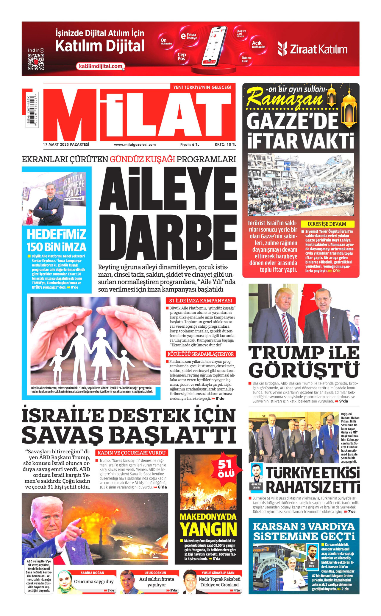 MİLAT gazetesinin 17 Mart 2025 tarihli birinci sayfası