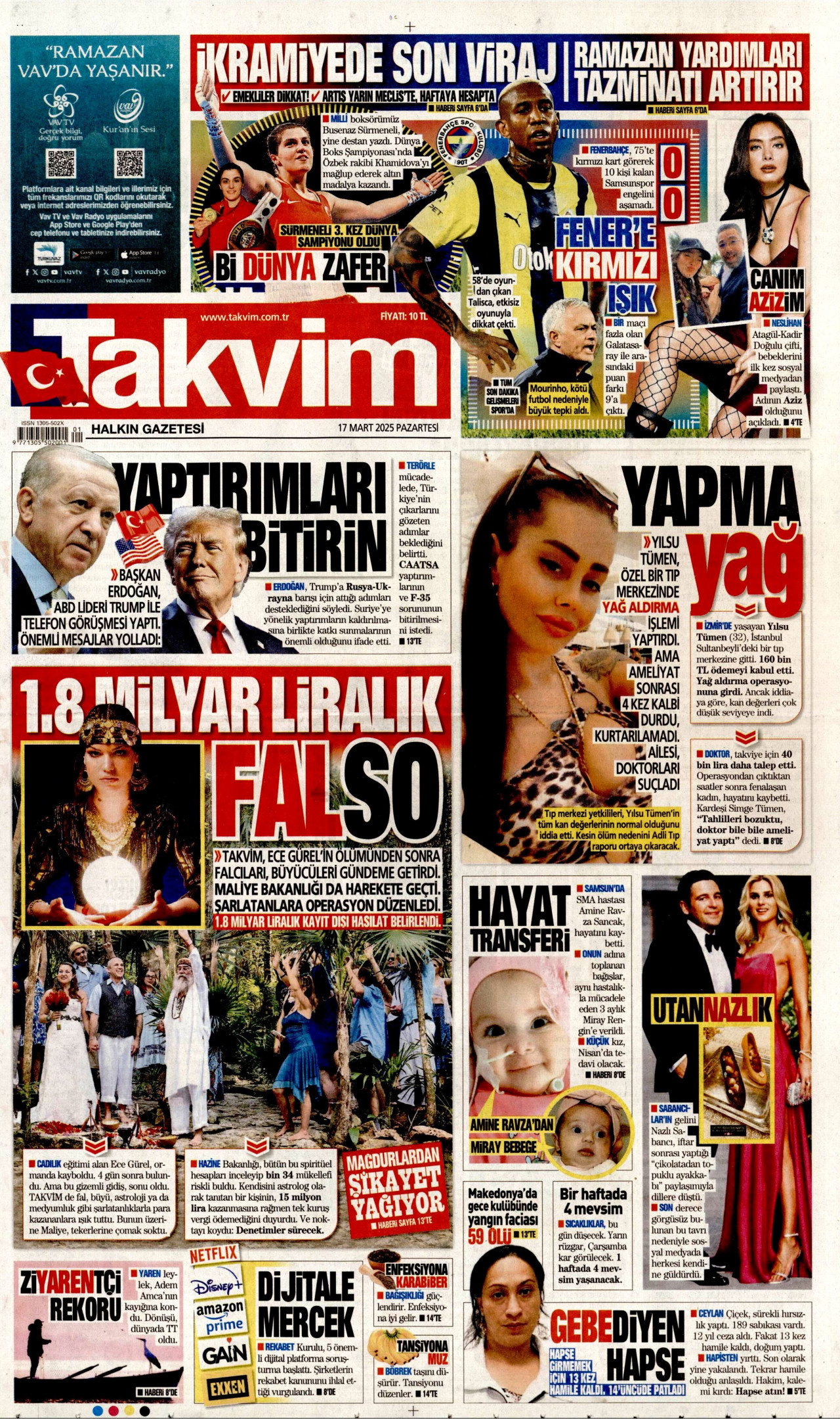 TAKVİM gazetesinin 17 Mart 2025 tarihli birinci sayfası