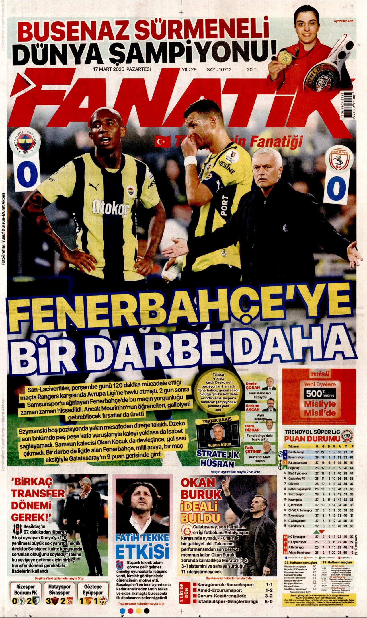 FANATİK gazetesinin 17 Mart 2025 tarihli birinci sayfası
