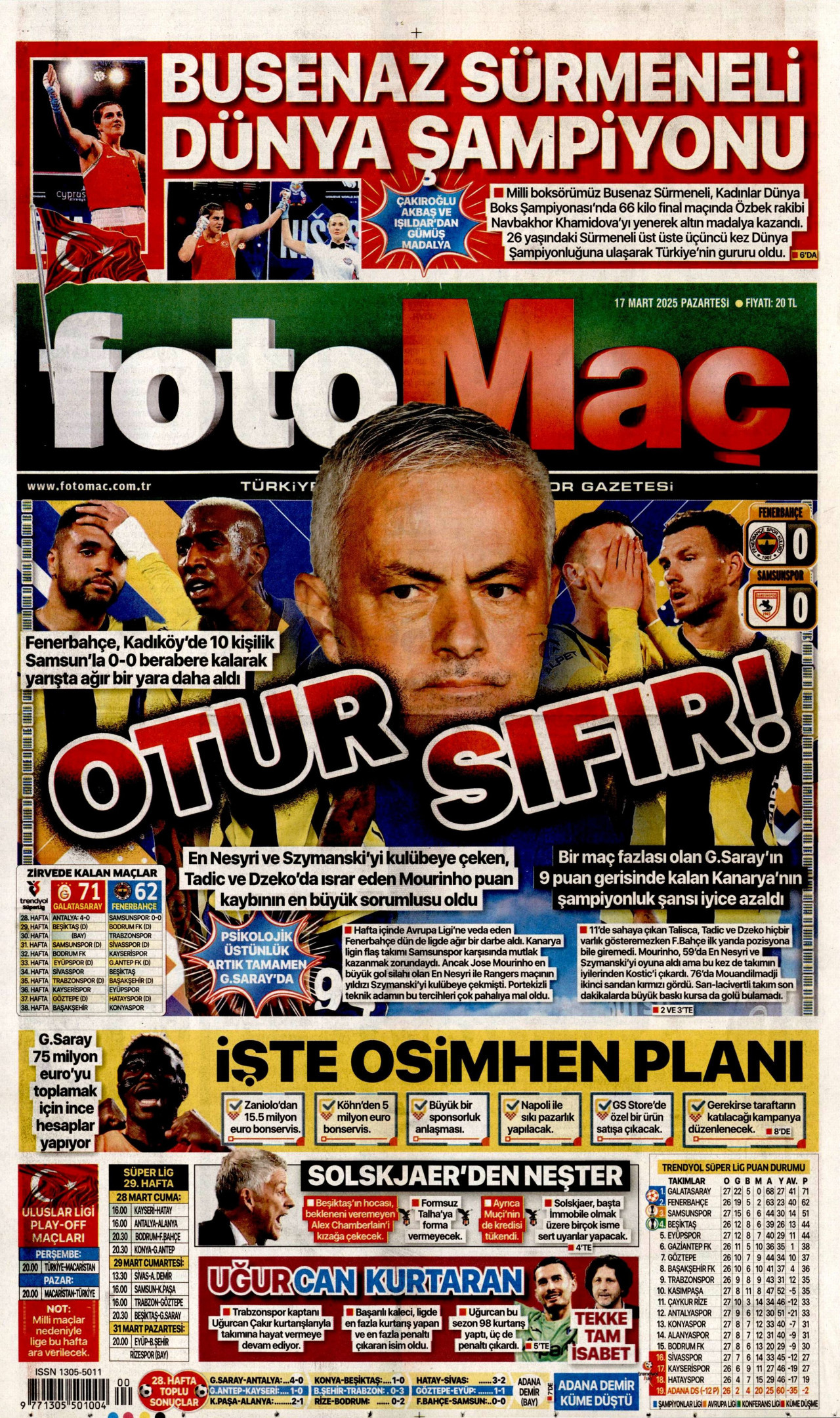 FOTOMAÇ gazetesinin 17 Mart 2025 tarihli birinci sayfası