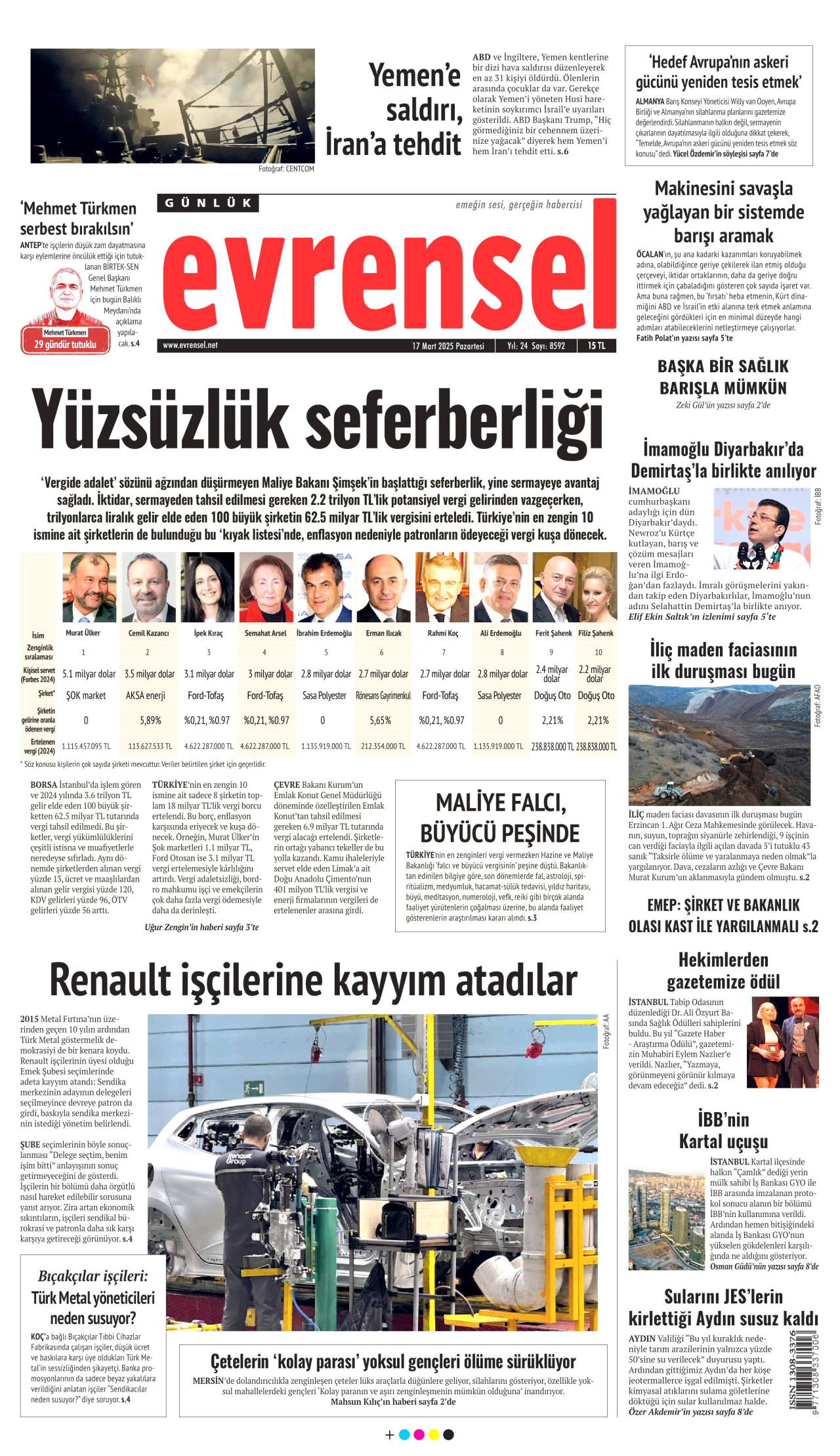 EVRENSEL gazetesinin 17 Mart 2025 tarihli birinci sayfası