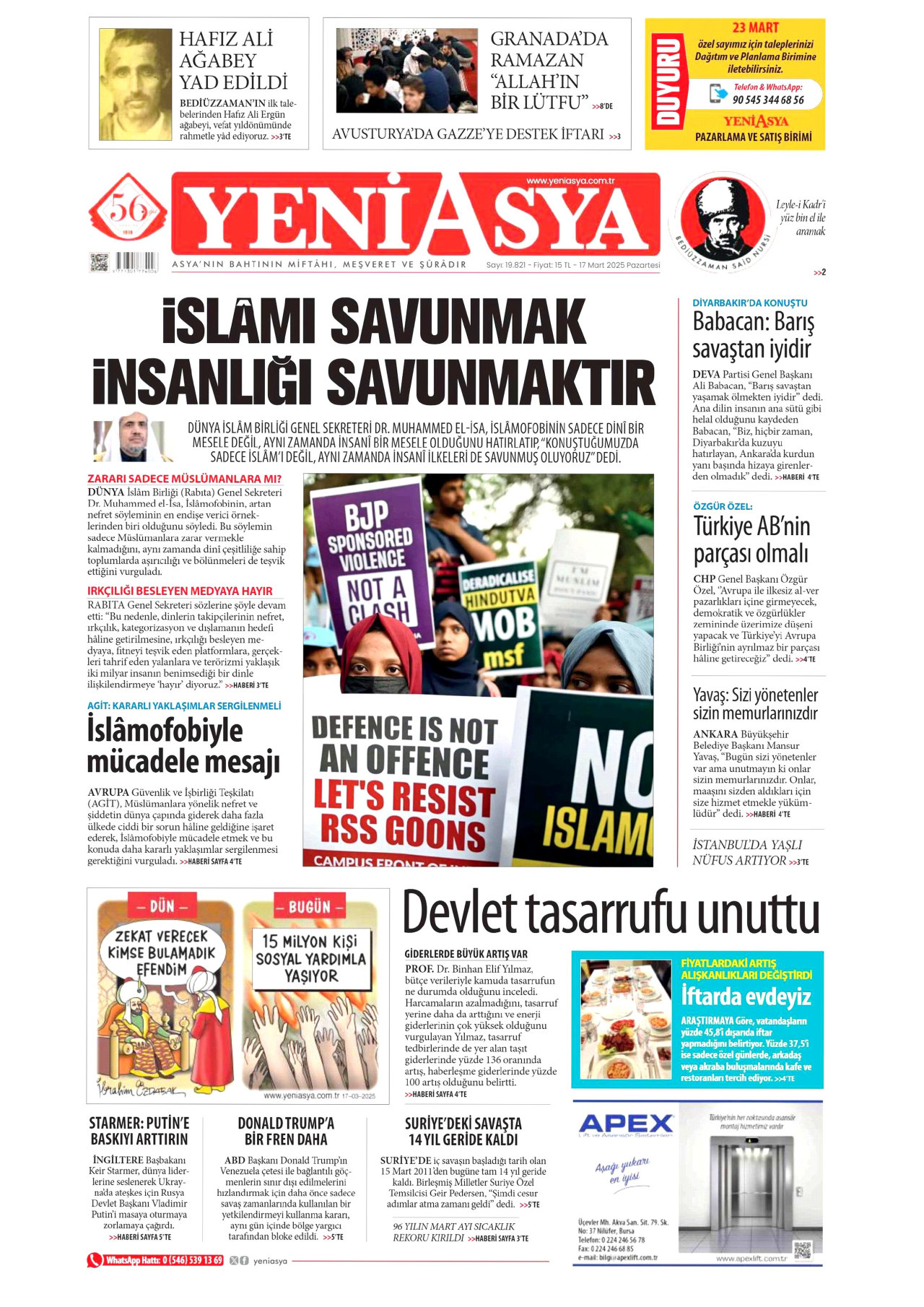 YENİ ASYA gazetesinin 17 Mart 2025 tarihli birinci sayfası