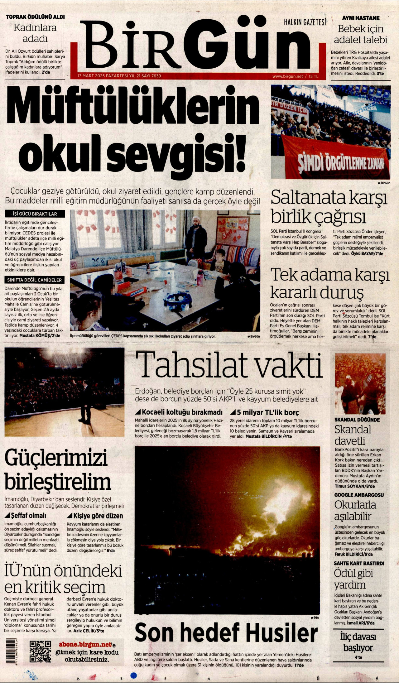 BİRGÜN gazetesinin 17 Mart 2025 tarihli birinci sayfası