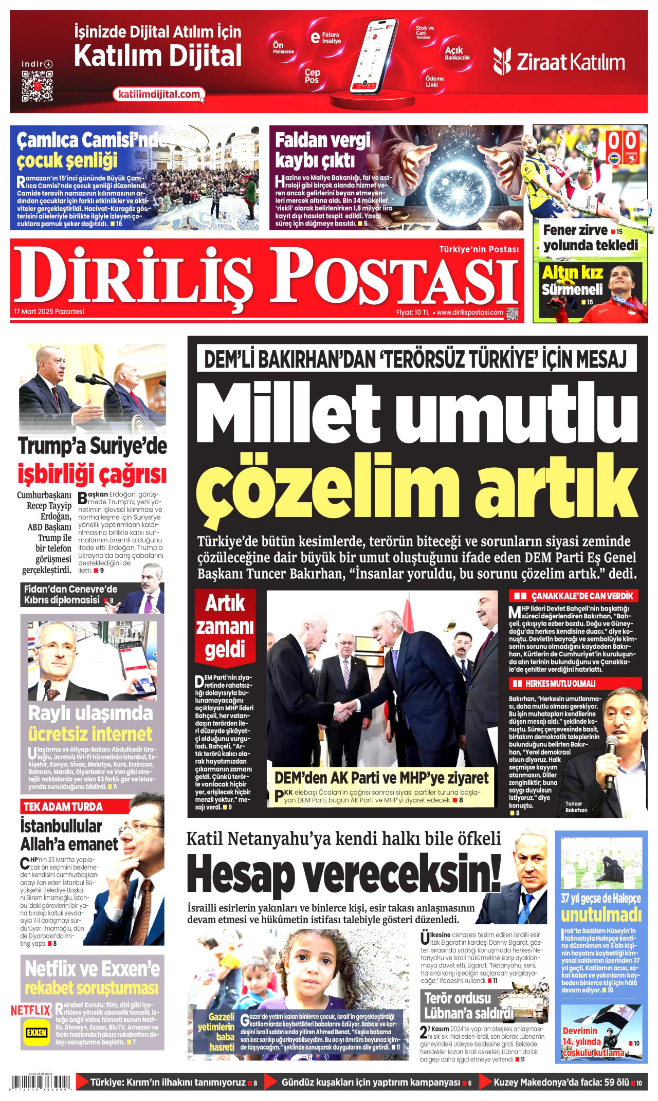 DİRİLİŞ POSTASI gazetesinin 17 Mart 2025 tarihli birinci sayfası