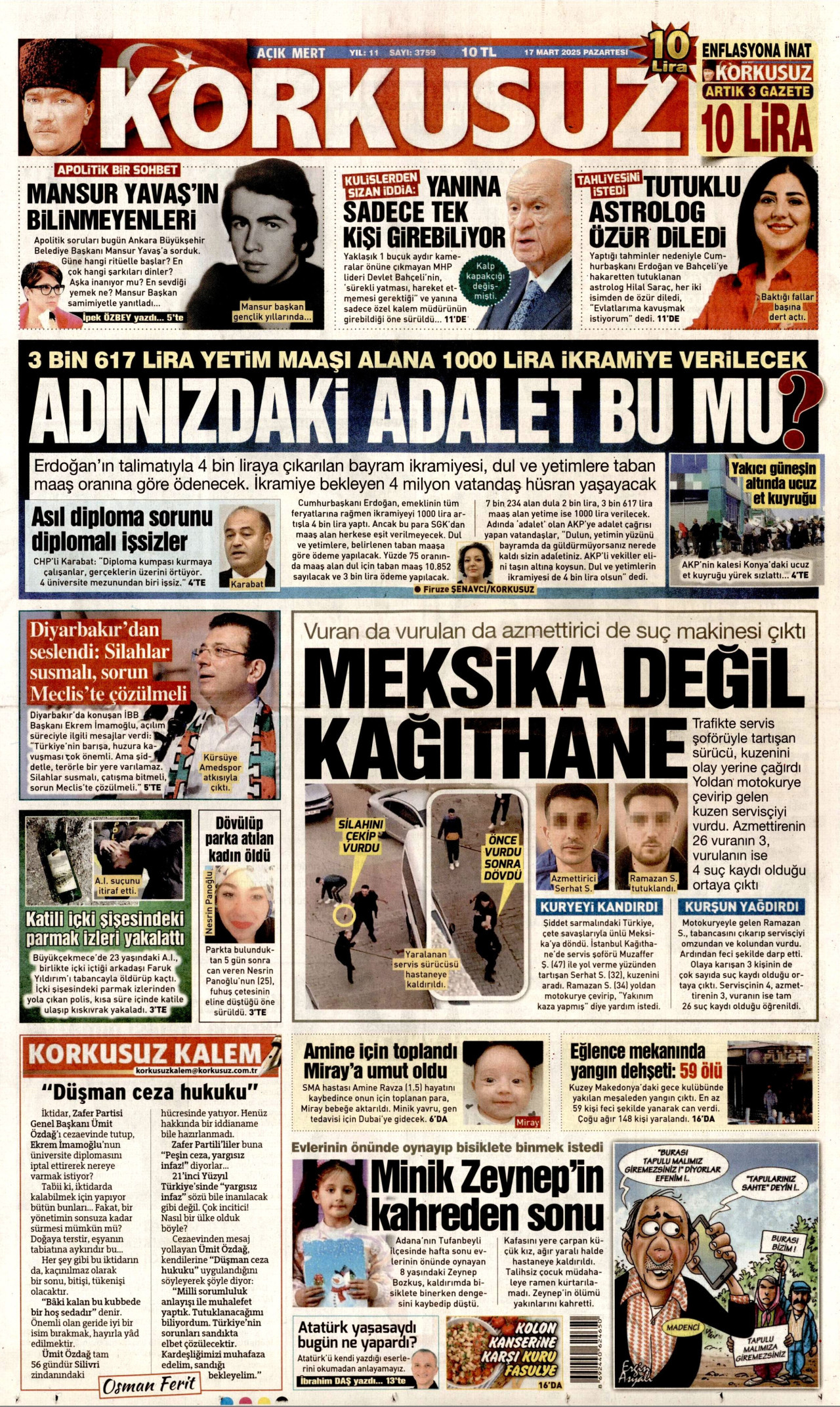 KORKUSUZ gazetesinin 17 Mart 2025 tarihli birinci sayfası