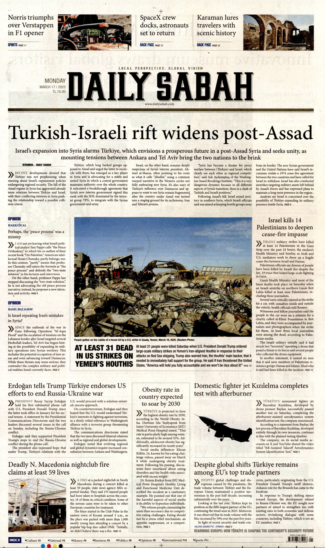 DAİLY SABAH gazetesinin 17 Mart 2025 tarihli birinci sayfası