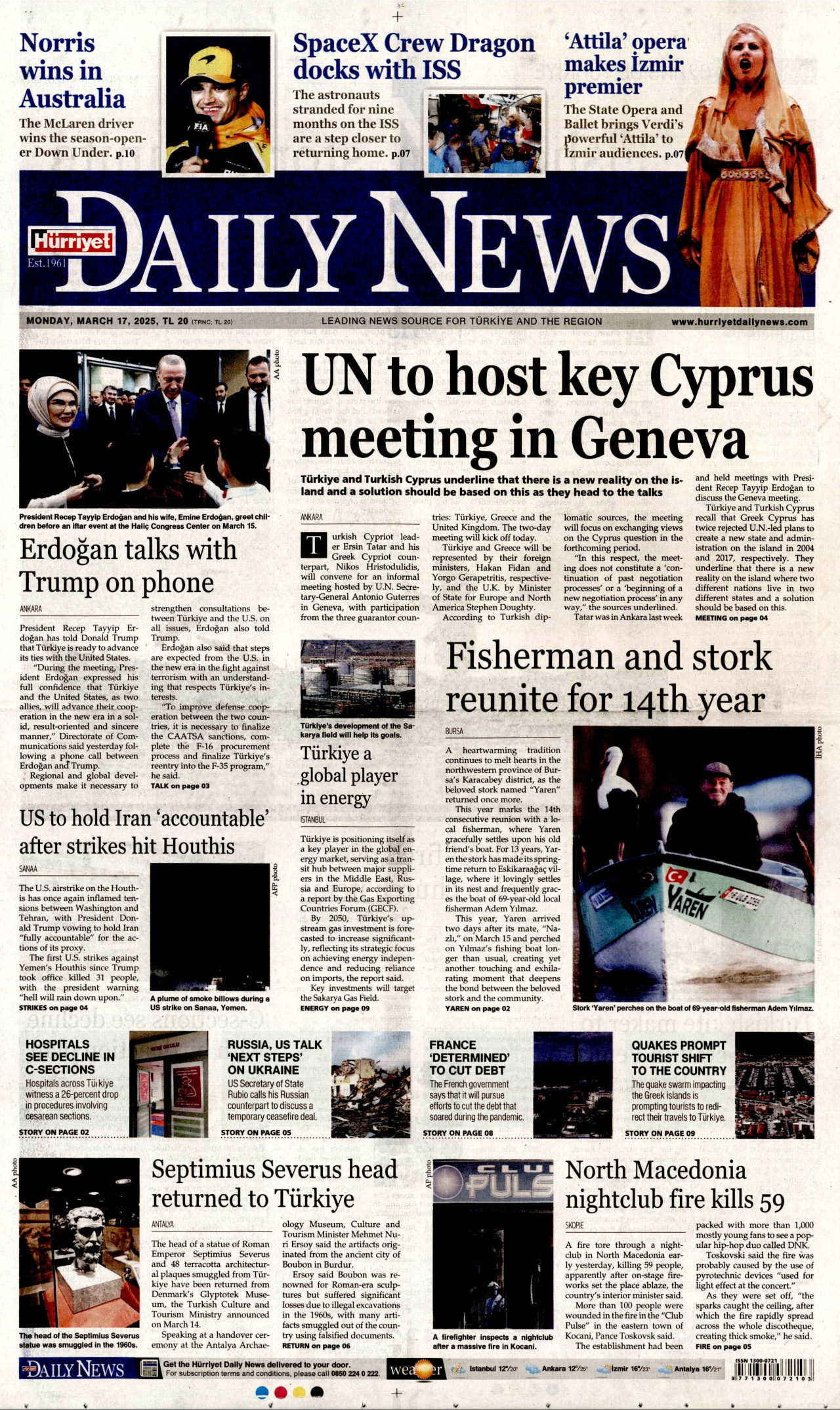 HÜRRİYET DAİLY NEWS gazetesinin 17 Mart 2025 tarihli birinci sayfası