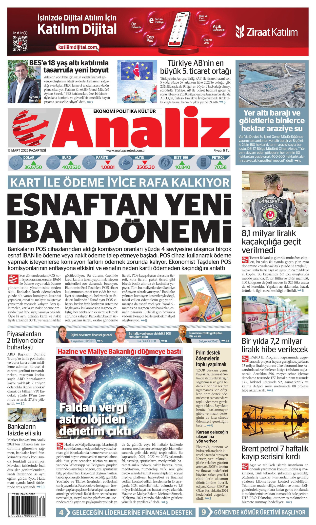 ANALİZ gazetesinin 17 Mart 2025 tarihli birinci sayfası