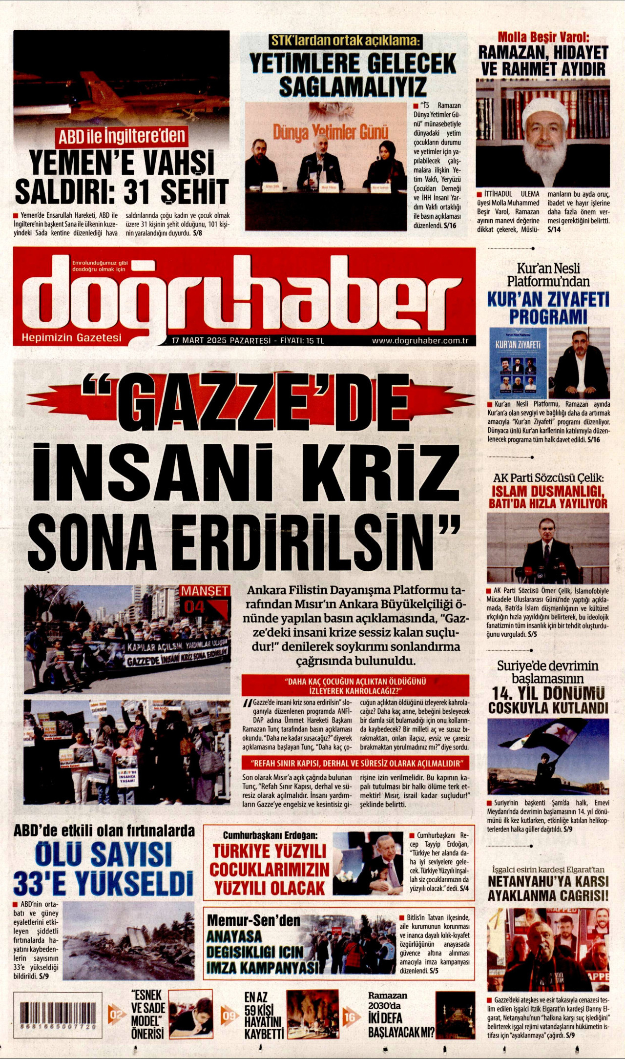 DOĞRU HABER gazetesinin 17 Mart 2025 tarihli birinci sayfası