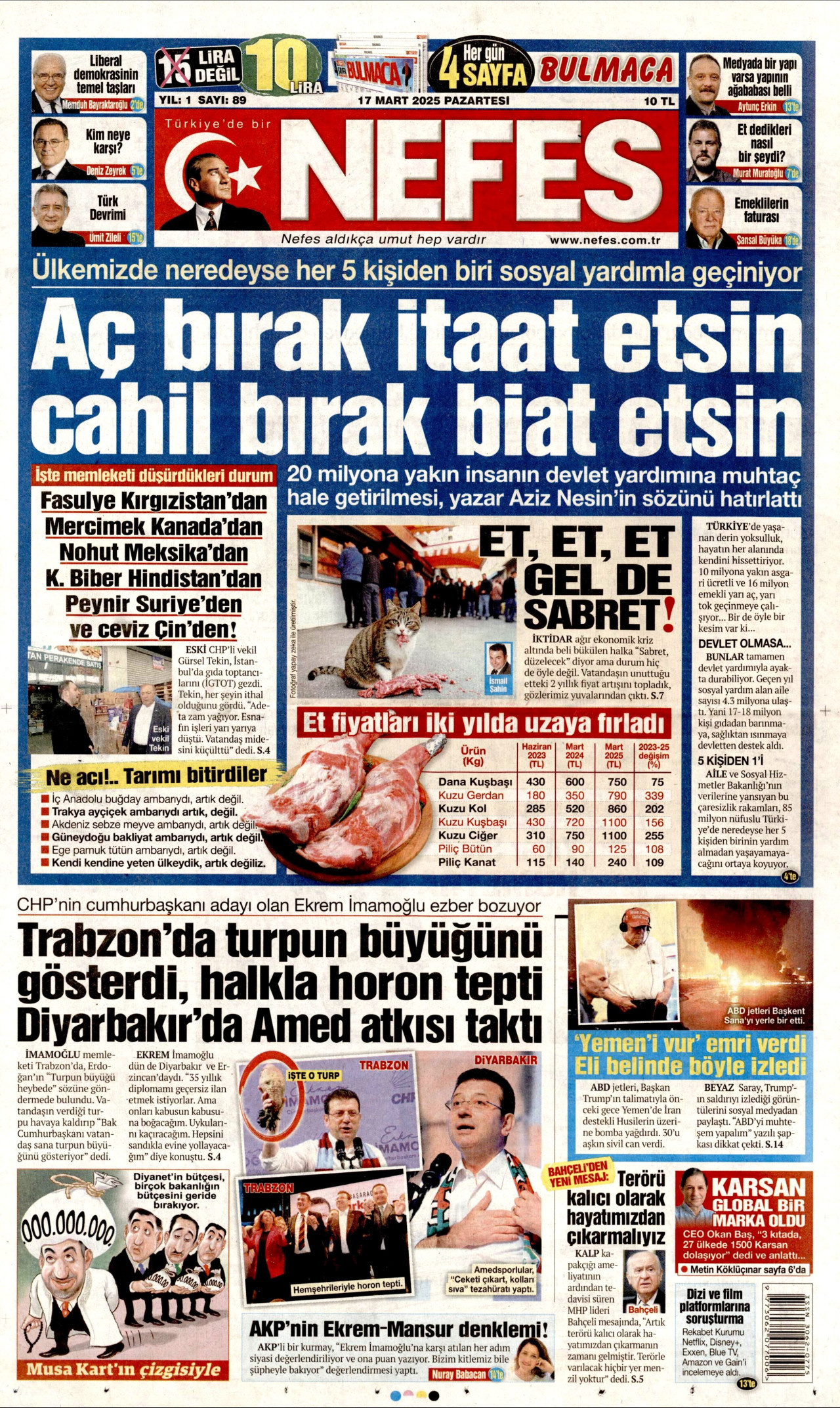 NEFES gazetesinin 17 Mart 2025 tarihli birinci sayfası