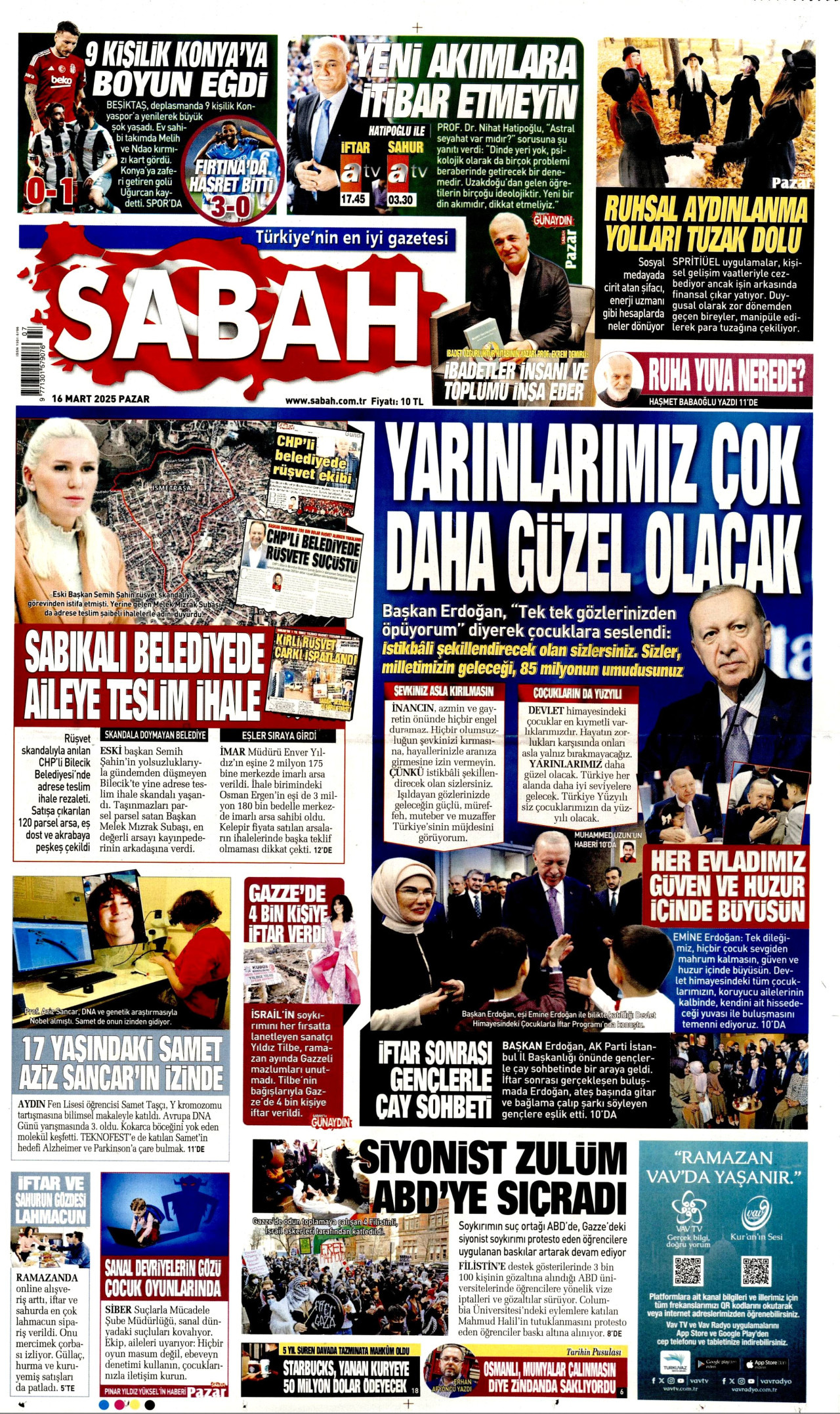 SABAH gazetesinin 16 Mart 2025 tarihli birinci sayfası