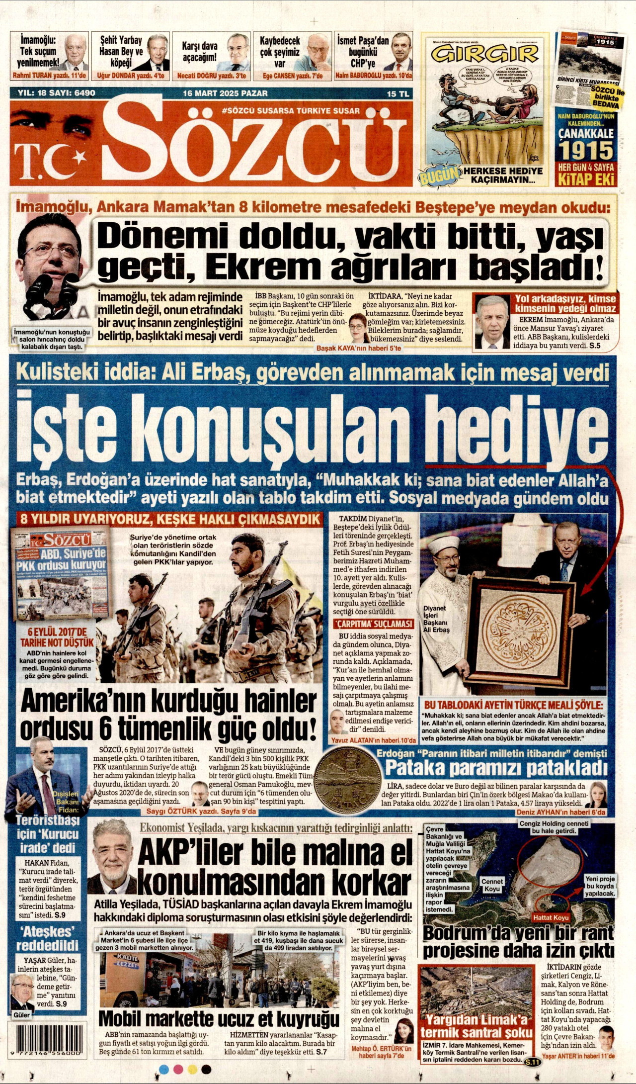 SÖZCÜ gazetesinin 16 Mart 2025 tarihli birinci sayfası