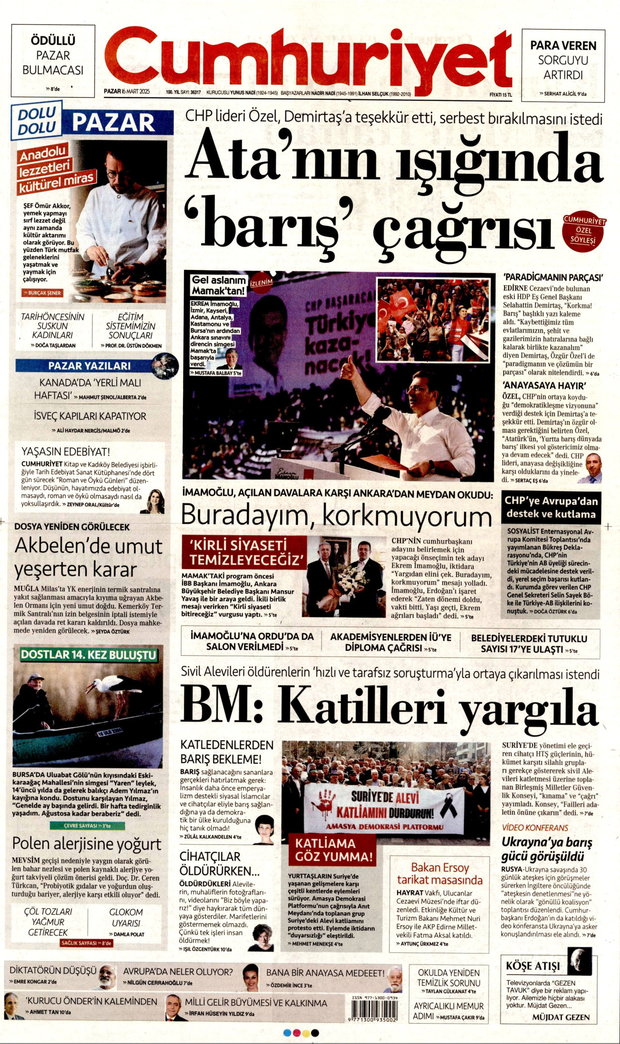 CUMHURİYET gazetesinin 16 Mart 2025 tarihli birinci sayfası