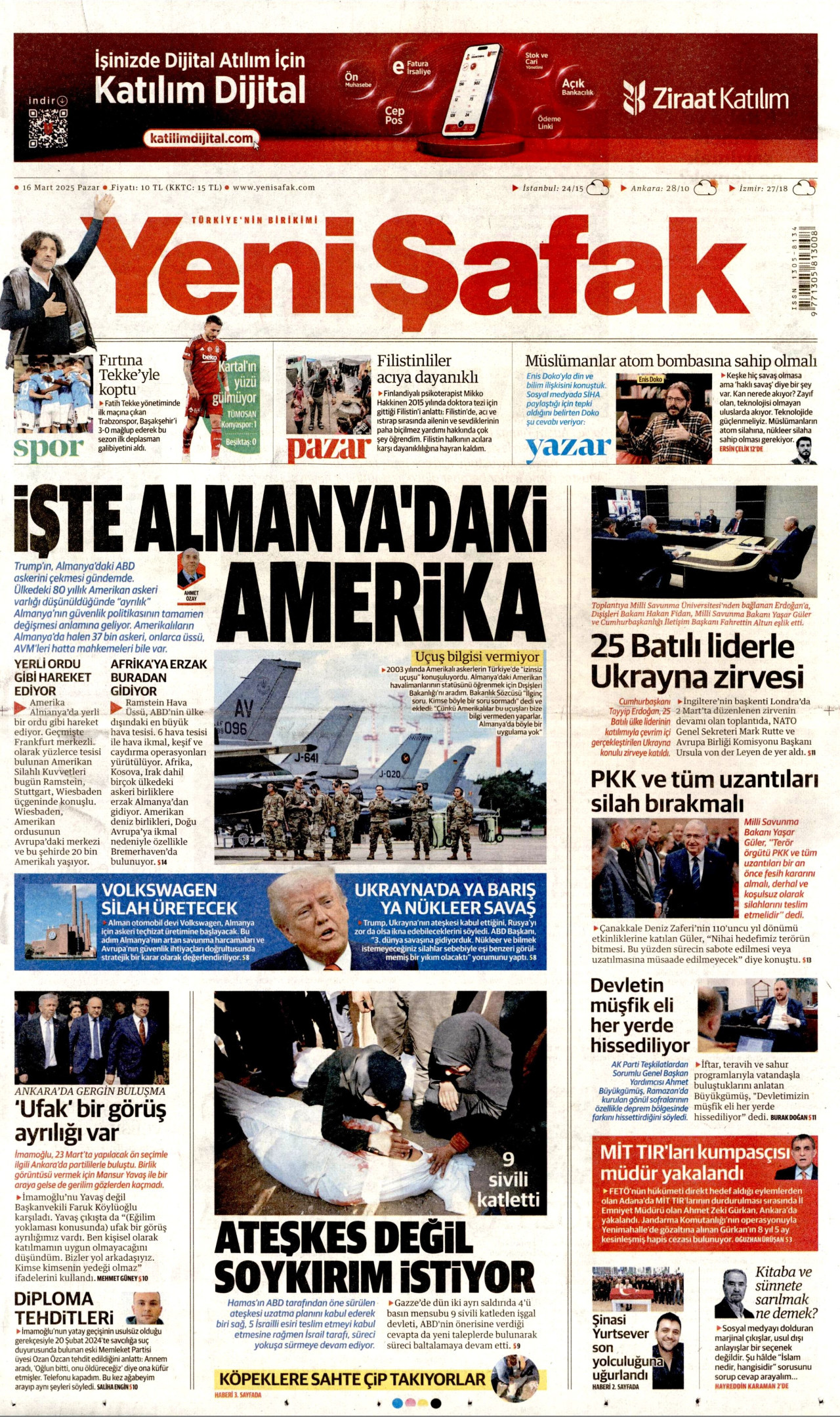 YENİ ŞAFAK gazetesinin 16 Mart 2025 tarihli birinci sayfası