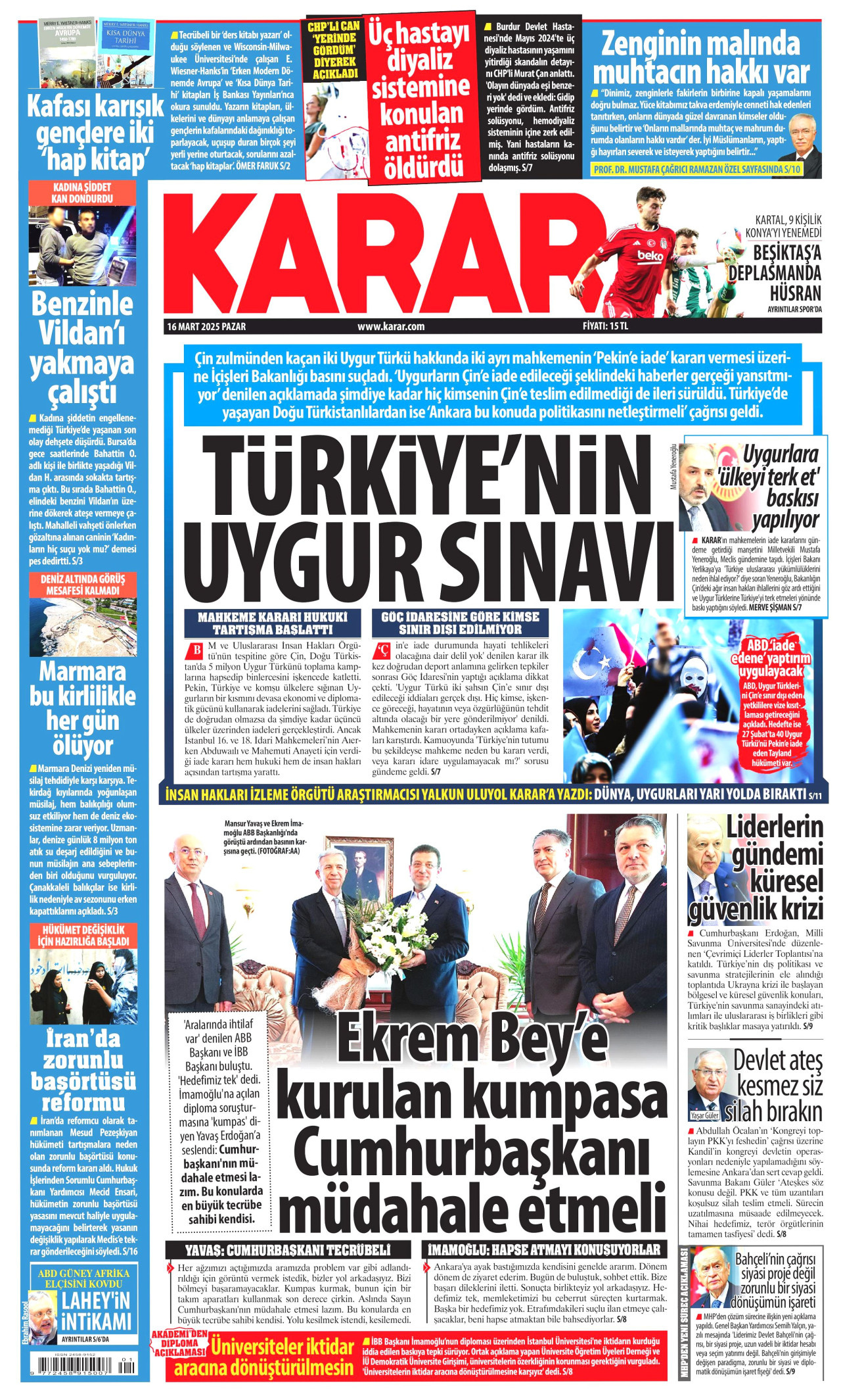 KARAR gazetesinin 16 Mart 2025 tarihli birinci sayfası