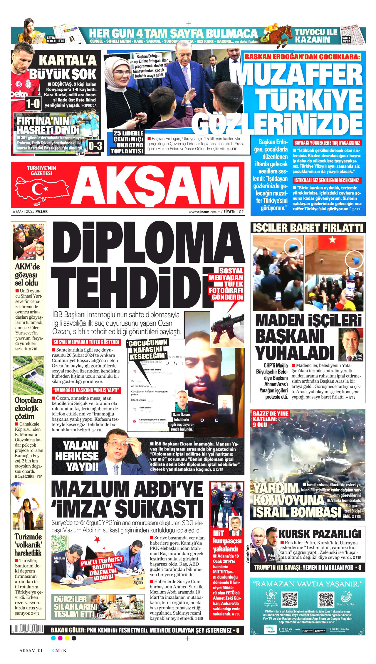 AKŞAM gazetesinin 16 Mart 2025 tarihli birinci sayfası