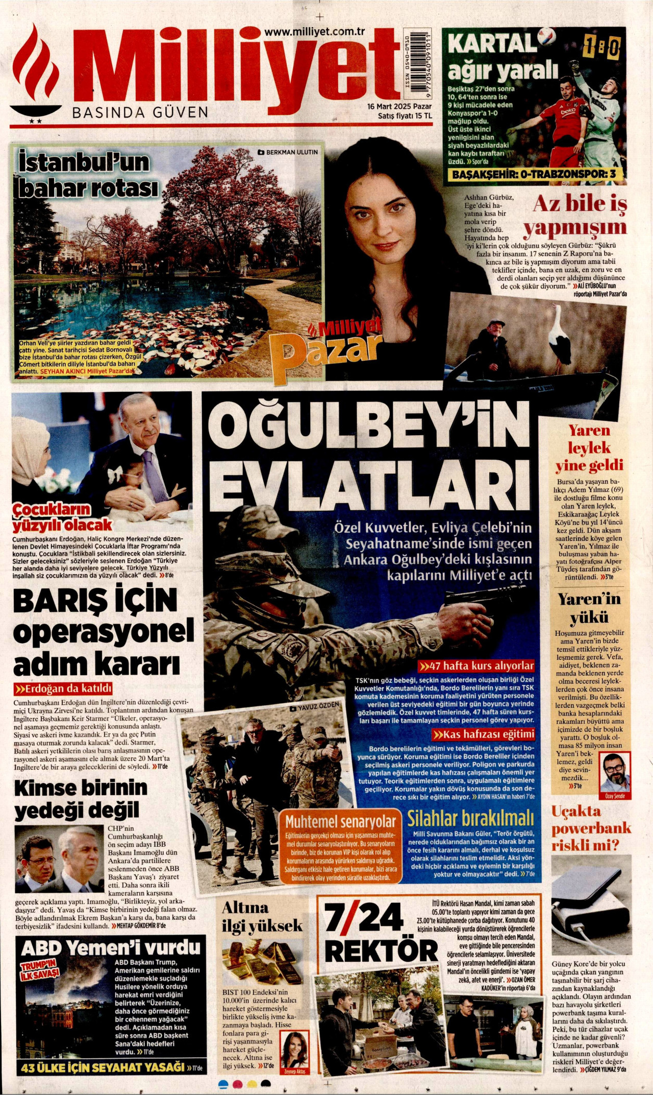 MİLLİYET gazetesinin 16 Mart 2025 tarihli birinci sayfası