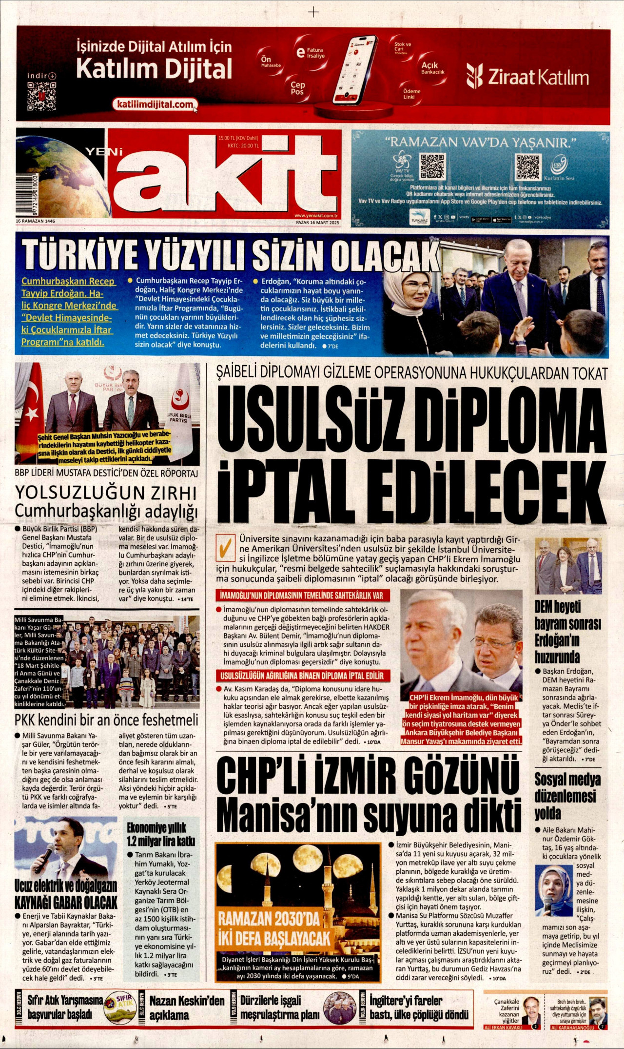 YENİ AKİT gazetesinin 16 Mart 2025 tarihli birinci sayfası