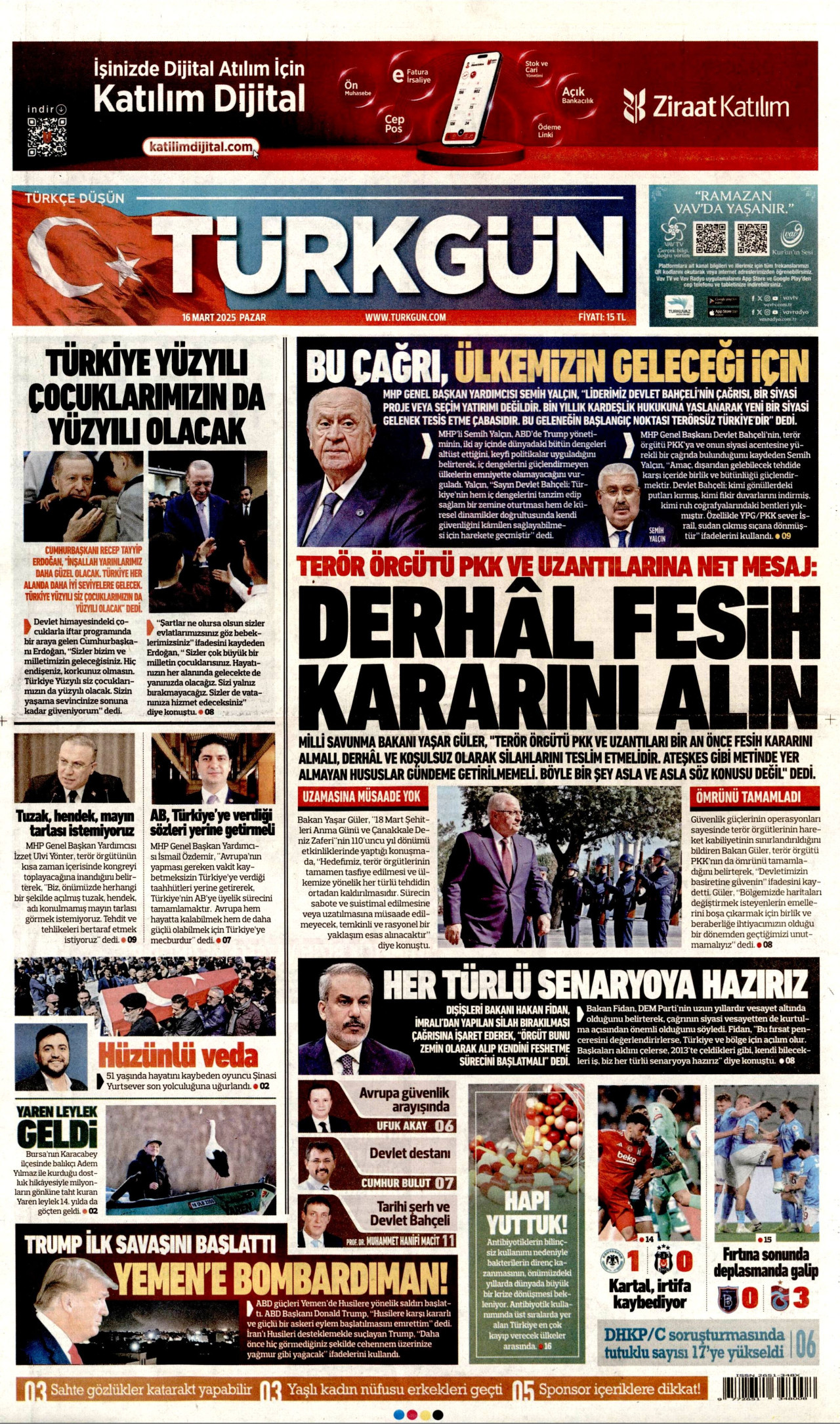 TÜRKGÜN gazetesinin 16 Mart 2025 tarihli birinci sayfası