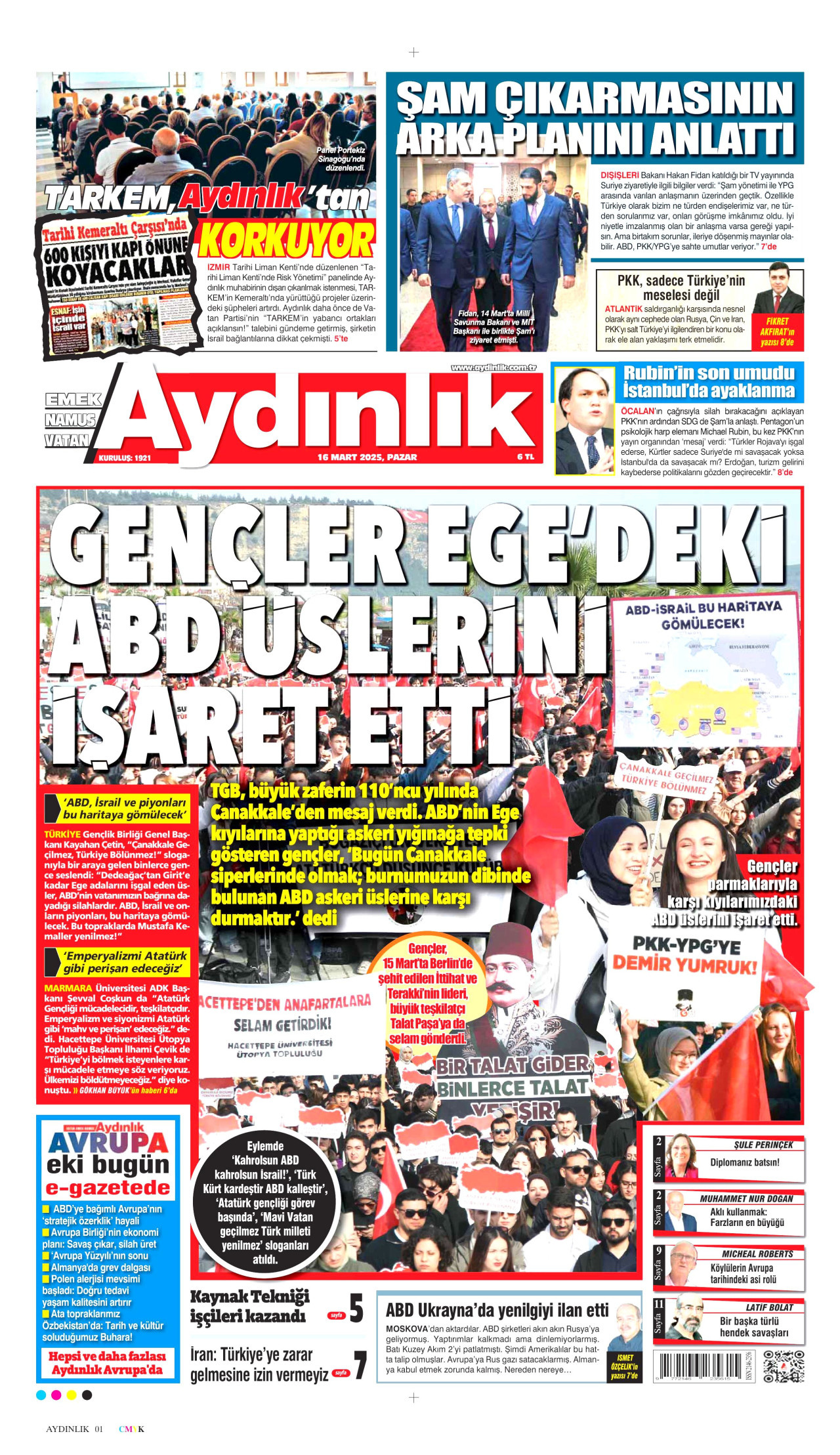 AYDINLIK GAZETESİ gazetesinin 16 Mart 2025 tarihli birinci sayfası