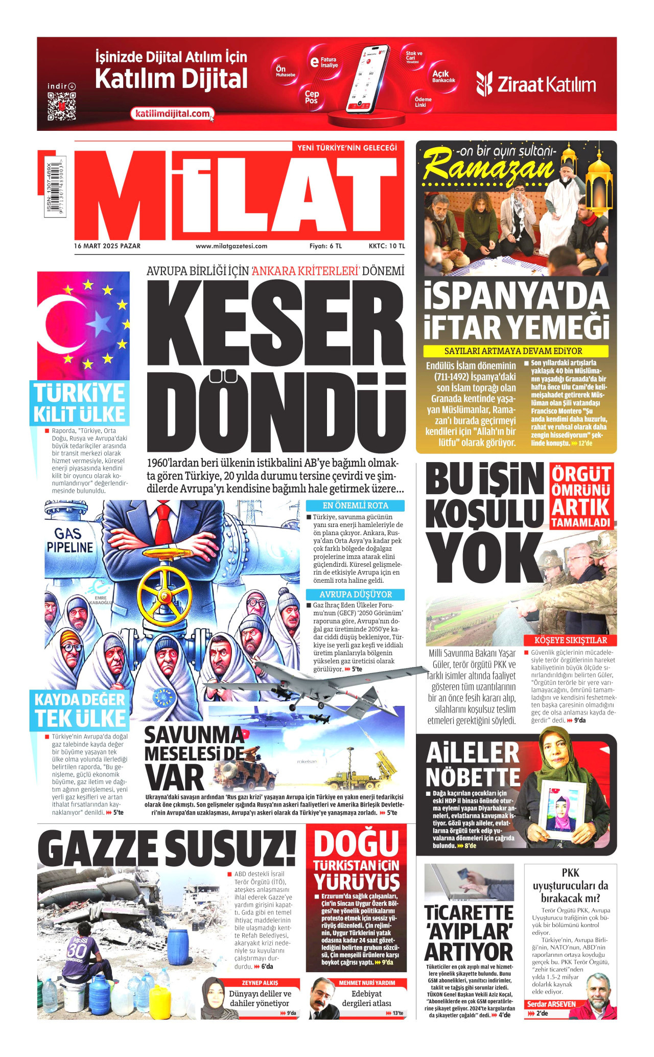 MİLAT gazetesinin 16 Mart 2025 tarihli birinci sayfası