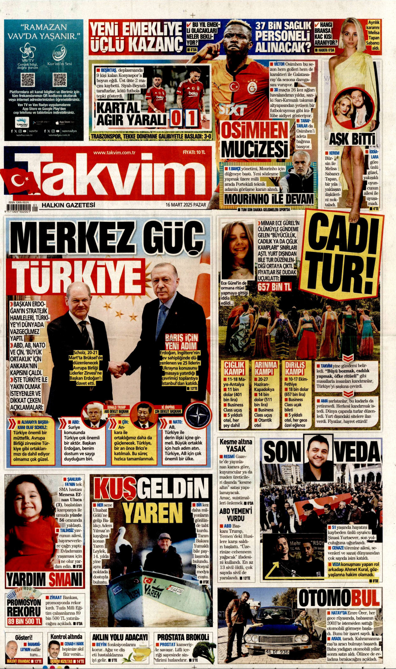 TAKVİM gazetesinin 16 Mart 2025 tarihli birinci sayfası