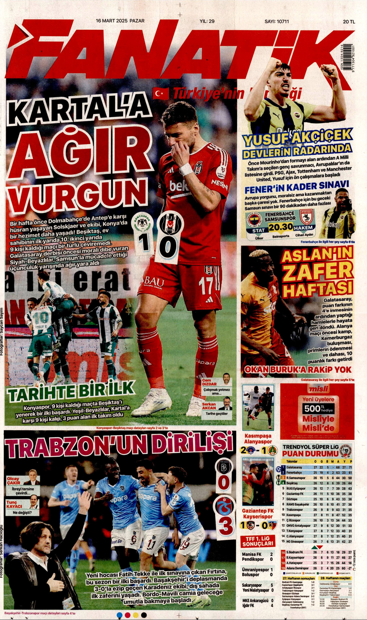 FANATİK gazetesinin 16 Mart 2025 tarihli birinci sayfası
