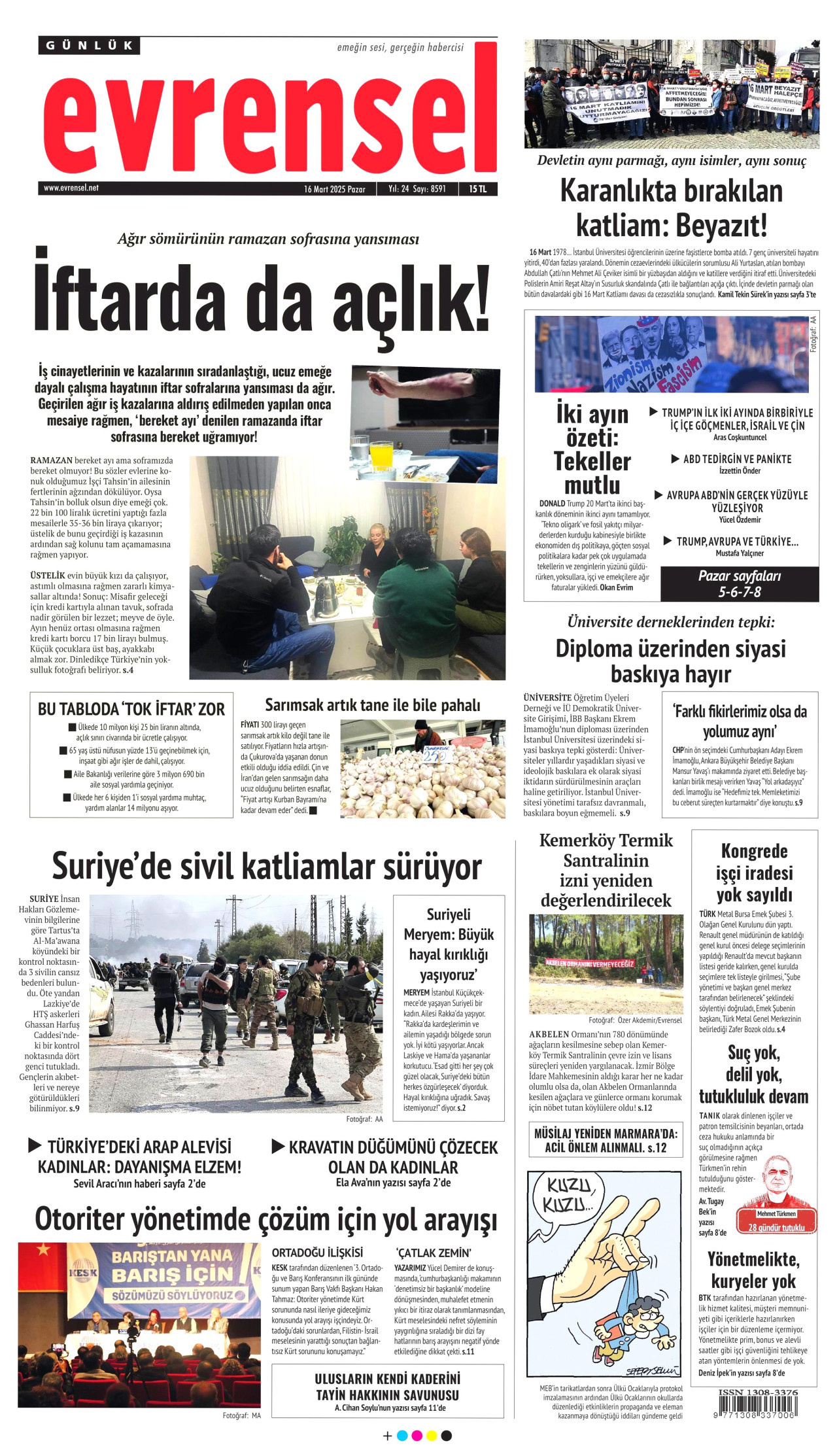 EVRENSEL gazetesinin 16 Mart 2025 tarihli birinci sayfası