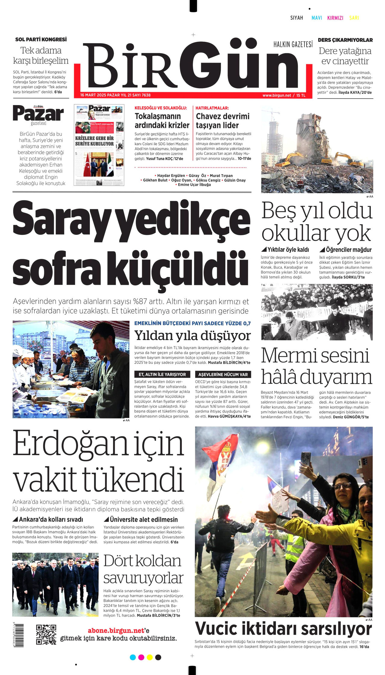 BİRGÜN gazetesinin 16 Mart 2025 tarihli birinci sayfası