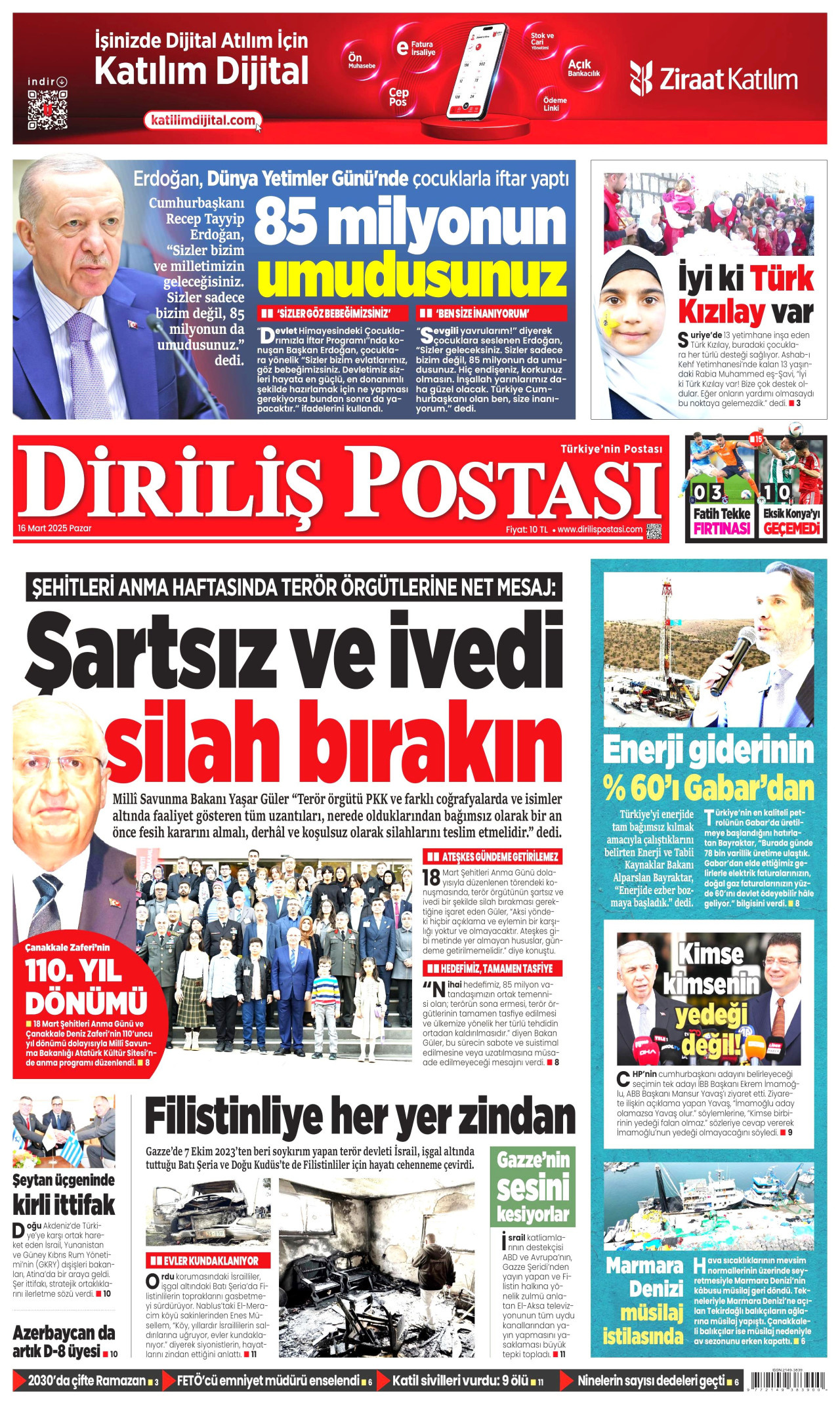 DİRİLİŞ POSTASI gazetesinin 16 Mart 2025 tarihli birinci sayfası