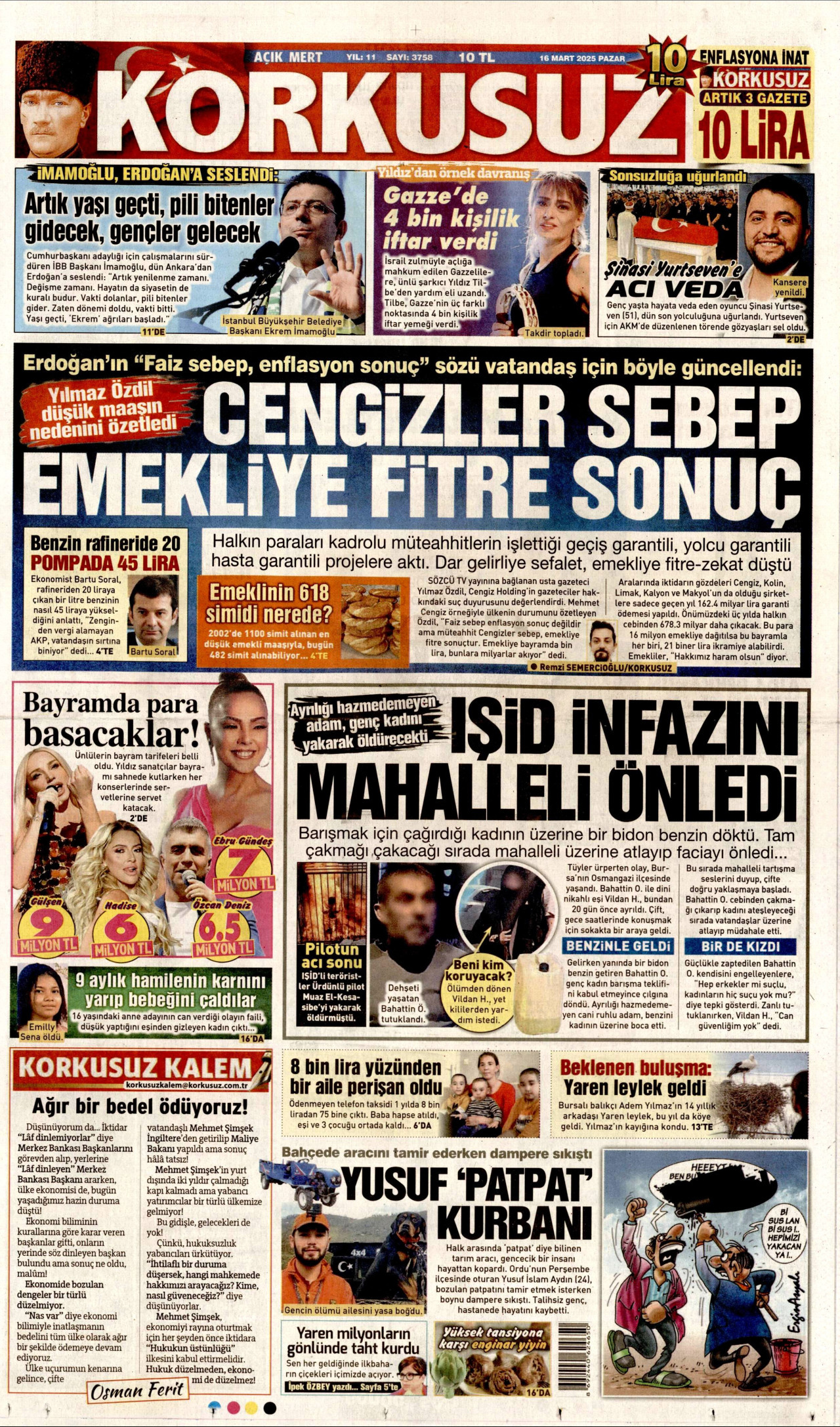 KORKUSUZ gazetesinin 16 Mart 2025 tarihli birinci sayfası