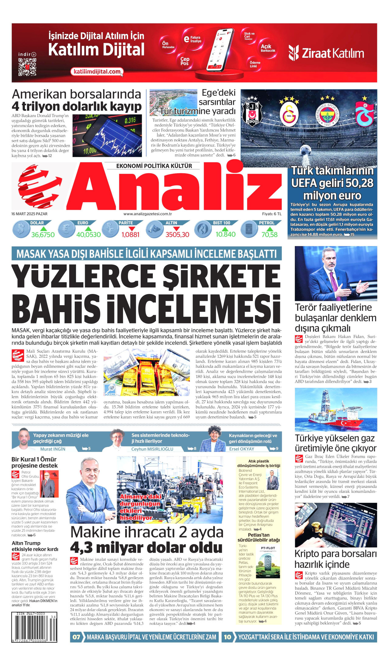 ANALİZ gazetesinin 16 Mart 2025 tarihli birinci sayfası