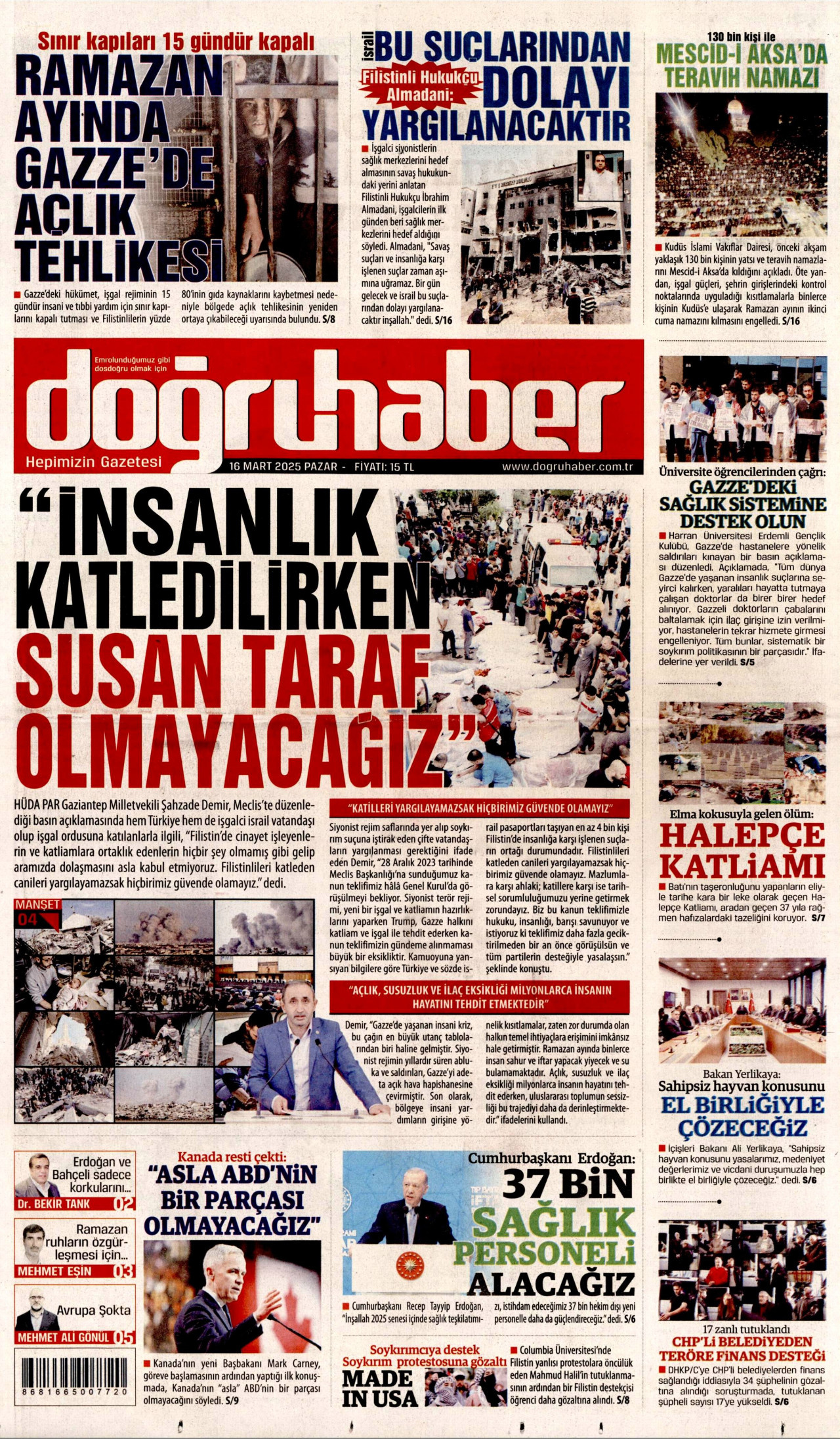 DOĞRU HABER gazetesinin 16 Mart 2025 tarihli birinci sayfası