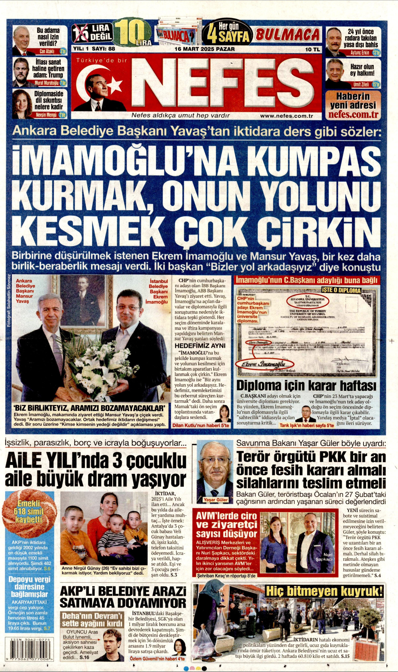 NEFES gazetesinin 16 Mart 2025 tarihli birinci sayfası