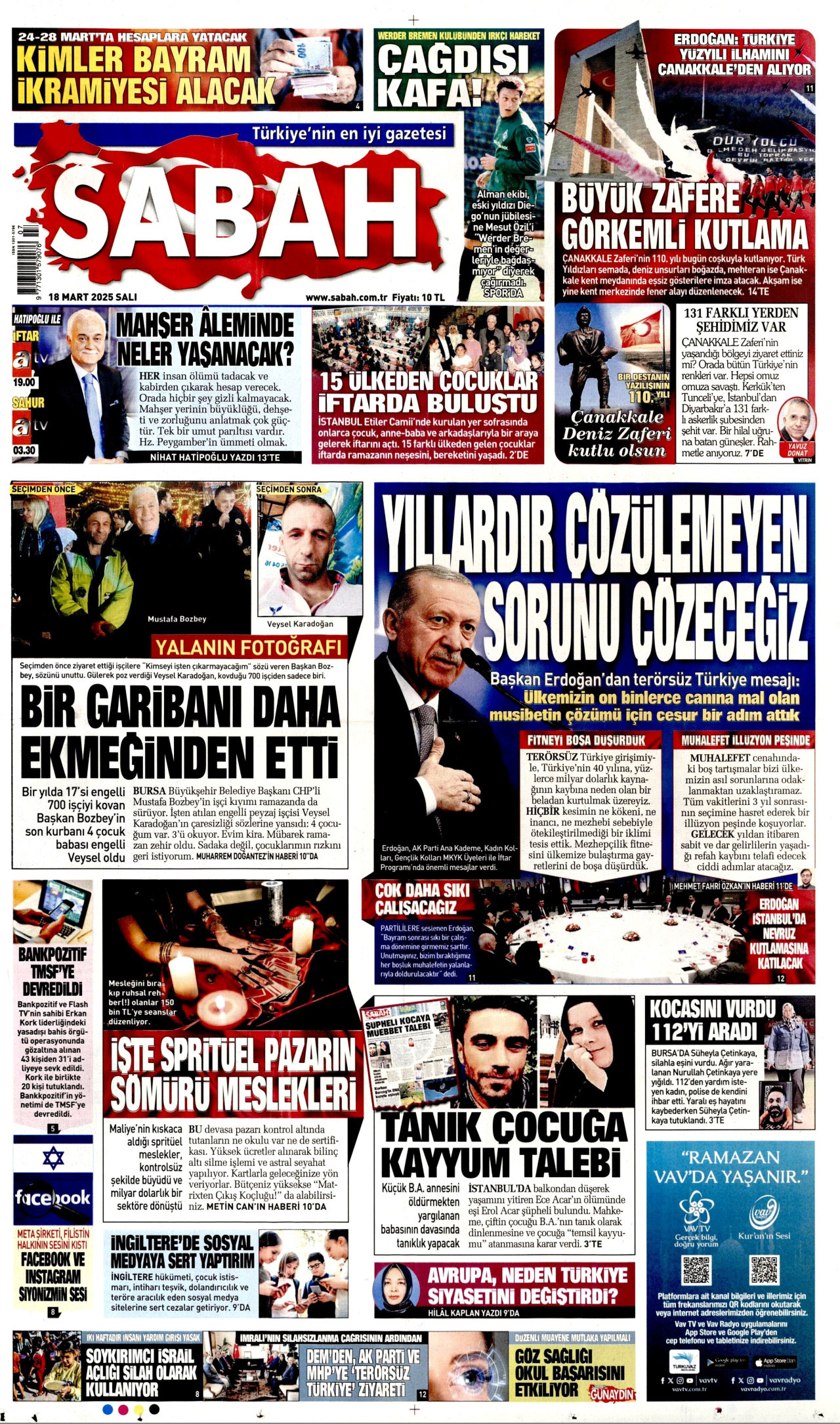 SABAH gazetesinin 18 Mart 2025 tarihli birinci sayfası