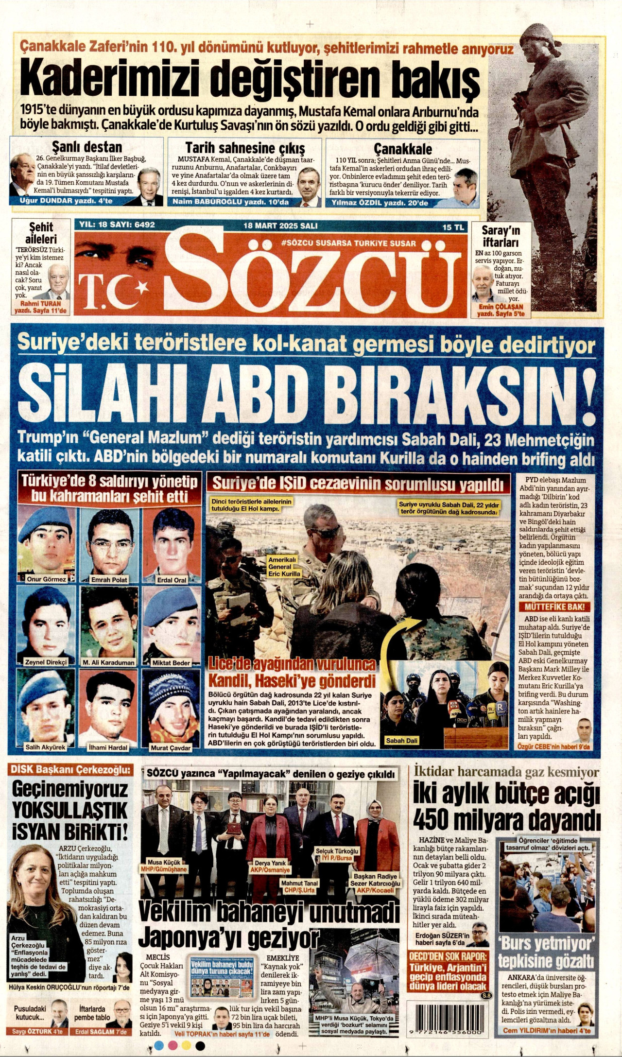 SÖZCÜ gazetesinin 18 Mart 2025 tarihli birinci sayfası