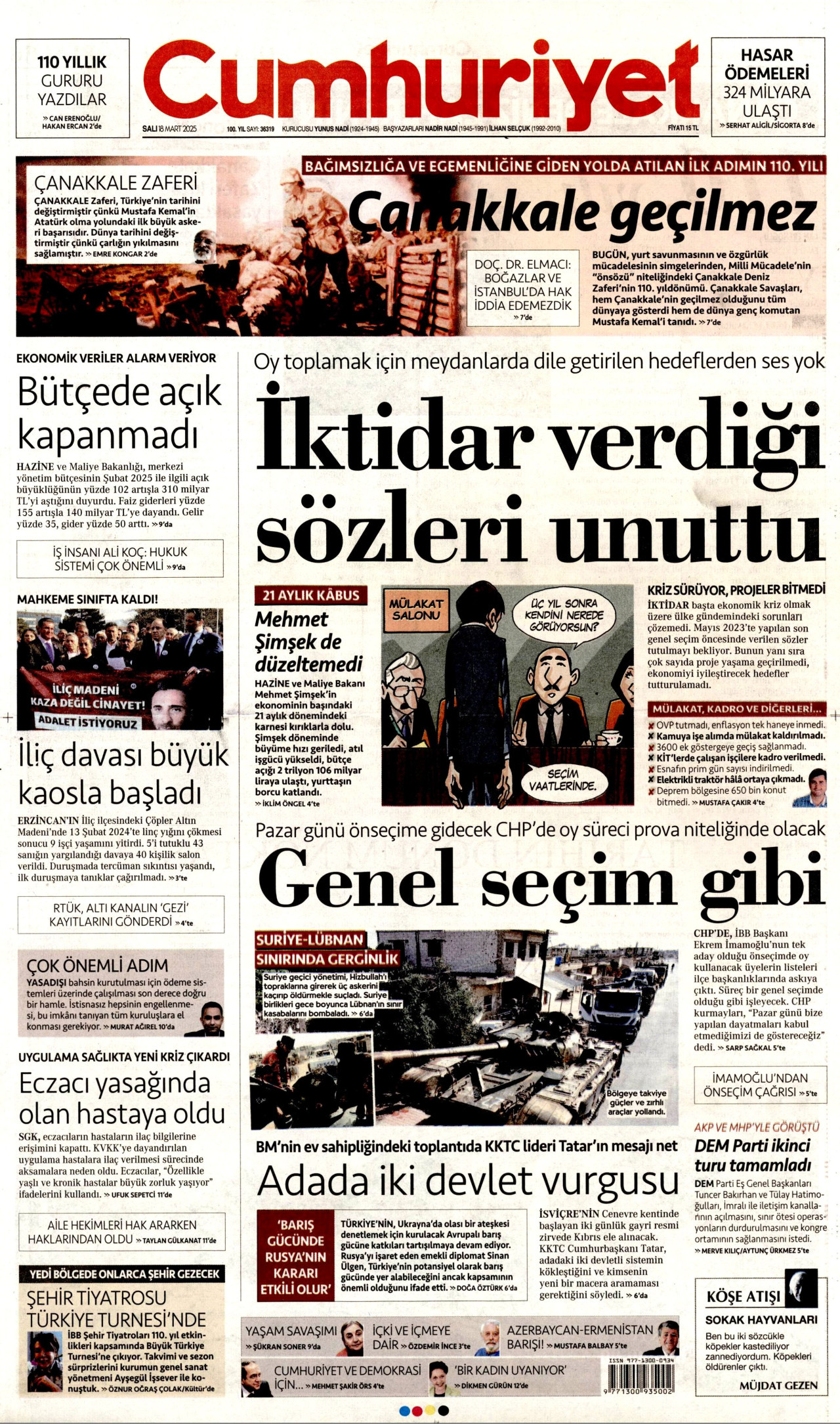 CUMHURİYET gazetesinin 18 Mart 2025 tarihli birinci sayfası