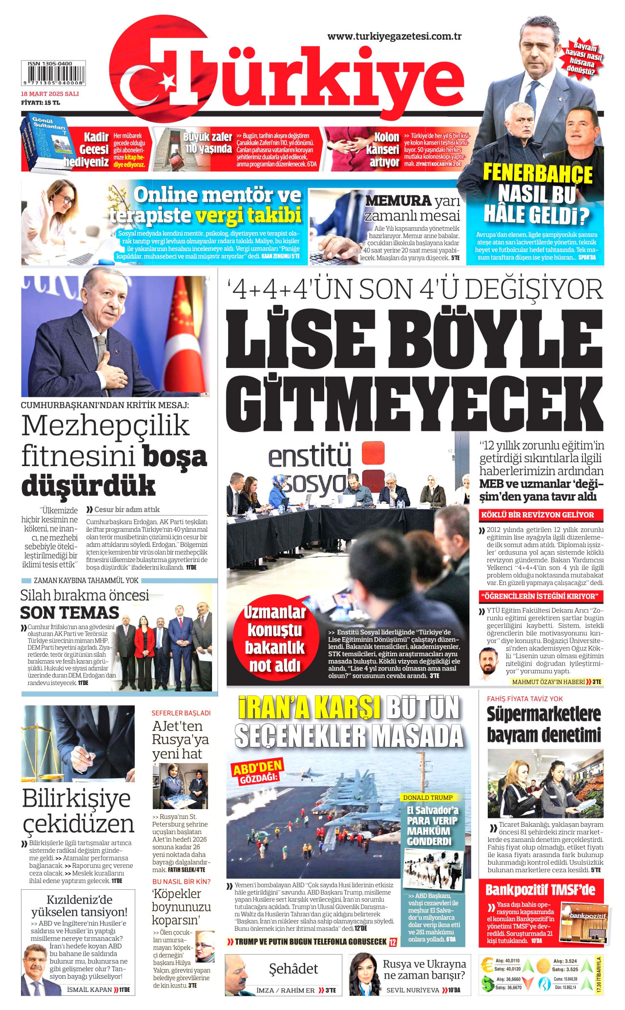 TÜRKİYE GAZETESİ gazetesinin 18 Mart 2025 tarihli birinci sayfası