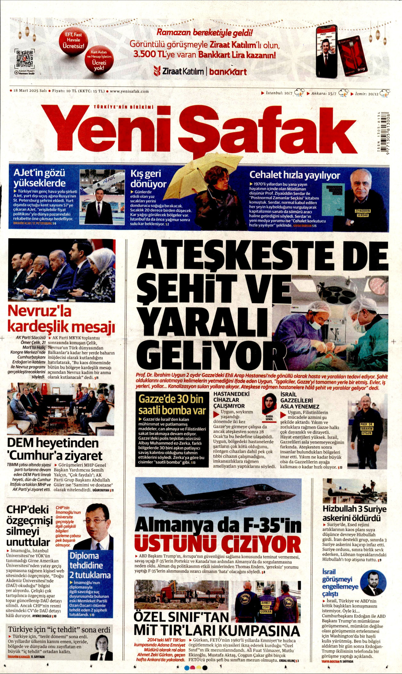 YENİ ŞAFAK gazetesinin 18 Mart 2025 tarihli birinci sayfası
