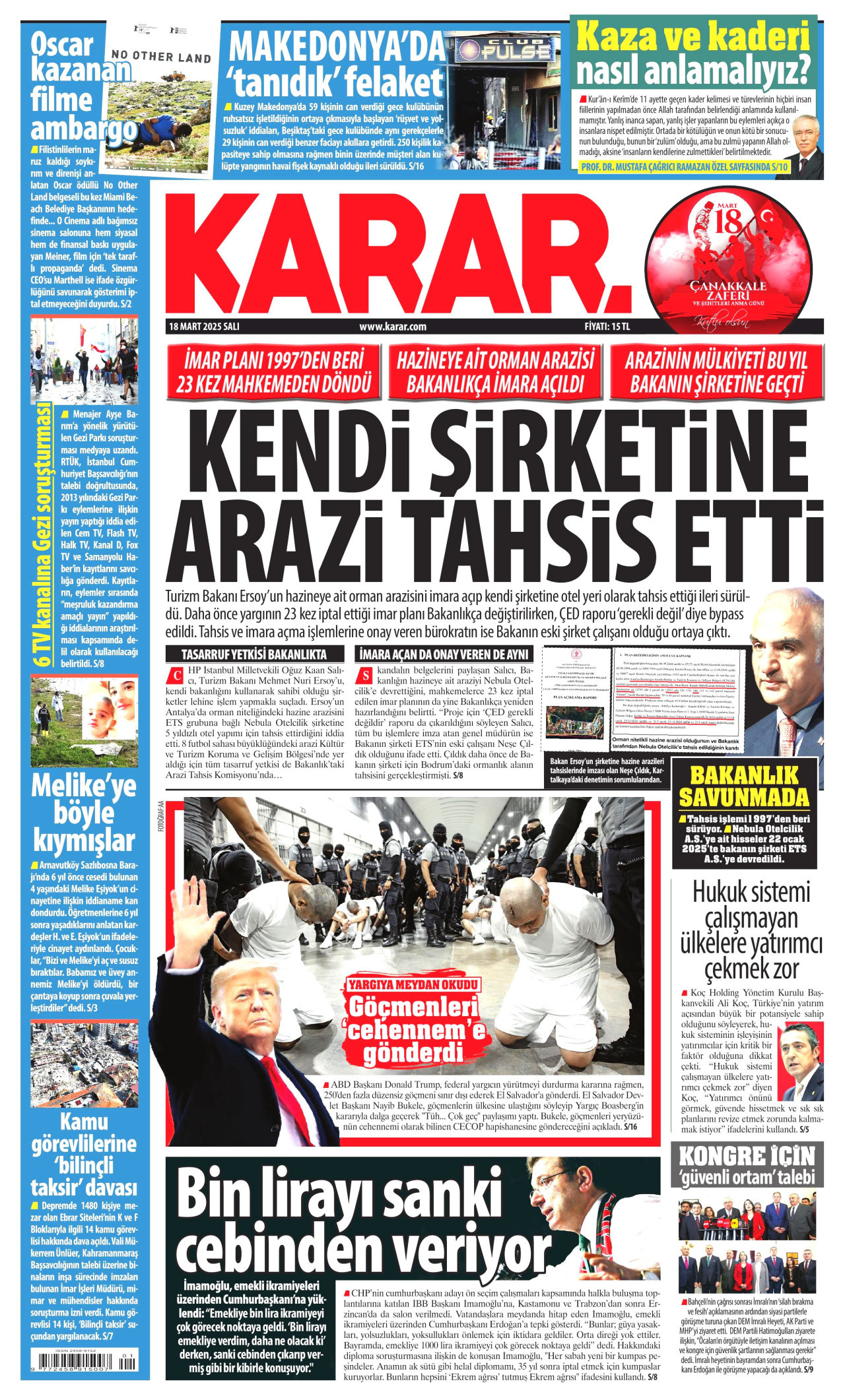 KARAR gazetesinin 18 Mart 2025 tarihli birinci sayfası