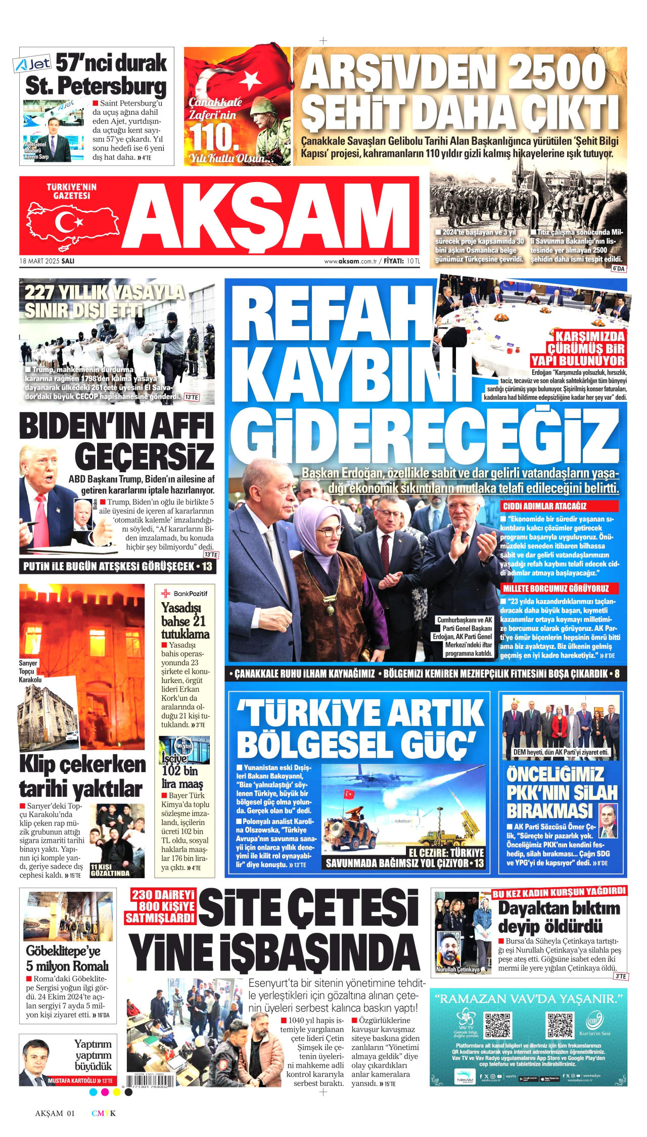 AKŞAM gazetesinin 18 Mart 2025 tarihli birinci sayfası