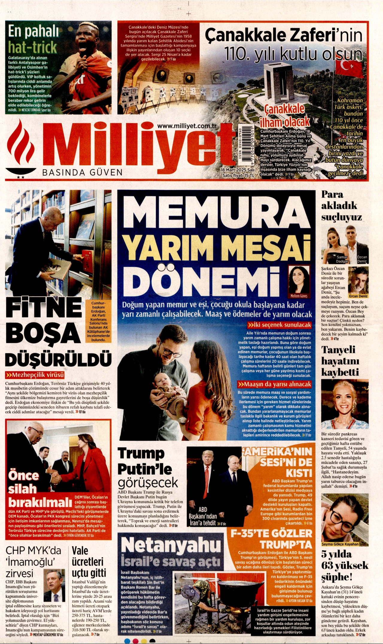 MİLLİYET gazetesinin 18 Mart 2025 tarihli birinci sayfası
