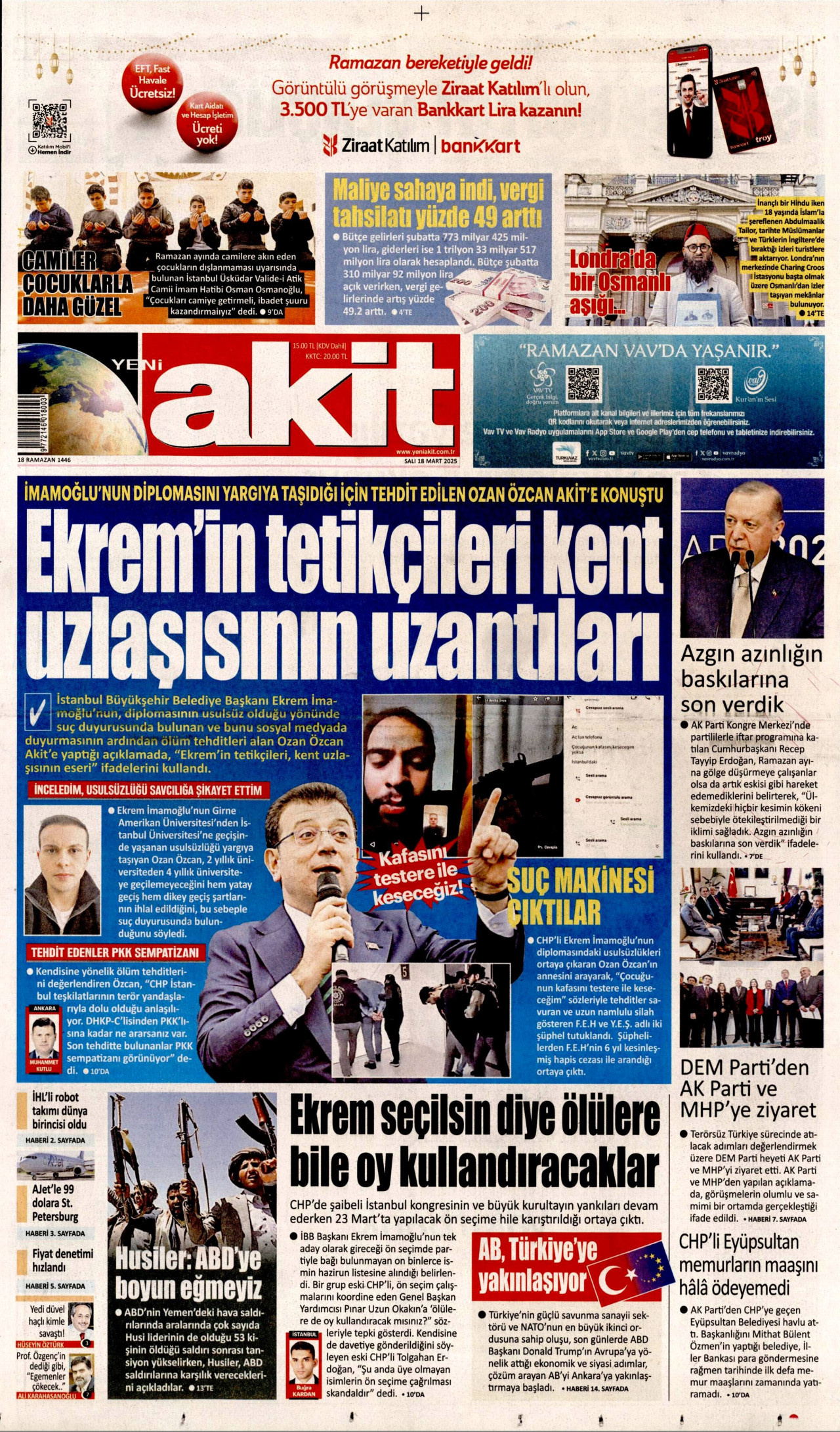YENİ AKİT gazetesinin 18 Mart 2025 tarihli birinci sayfası