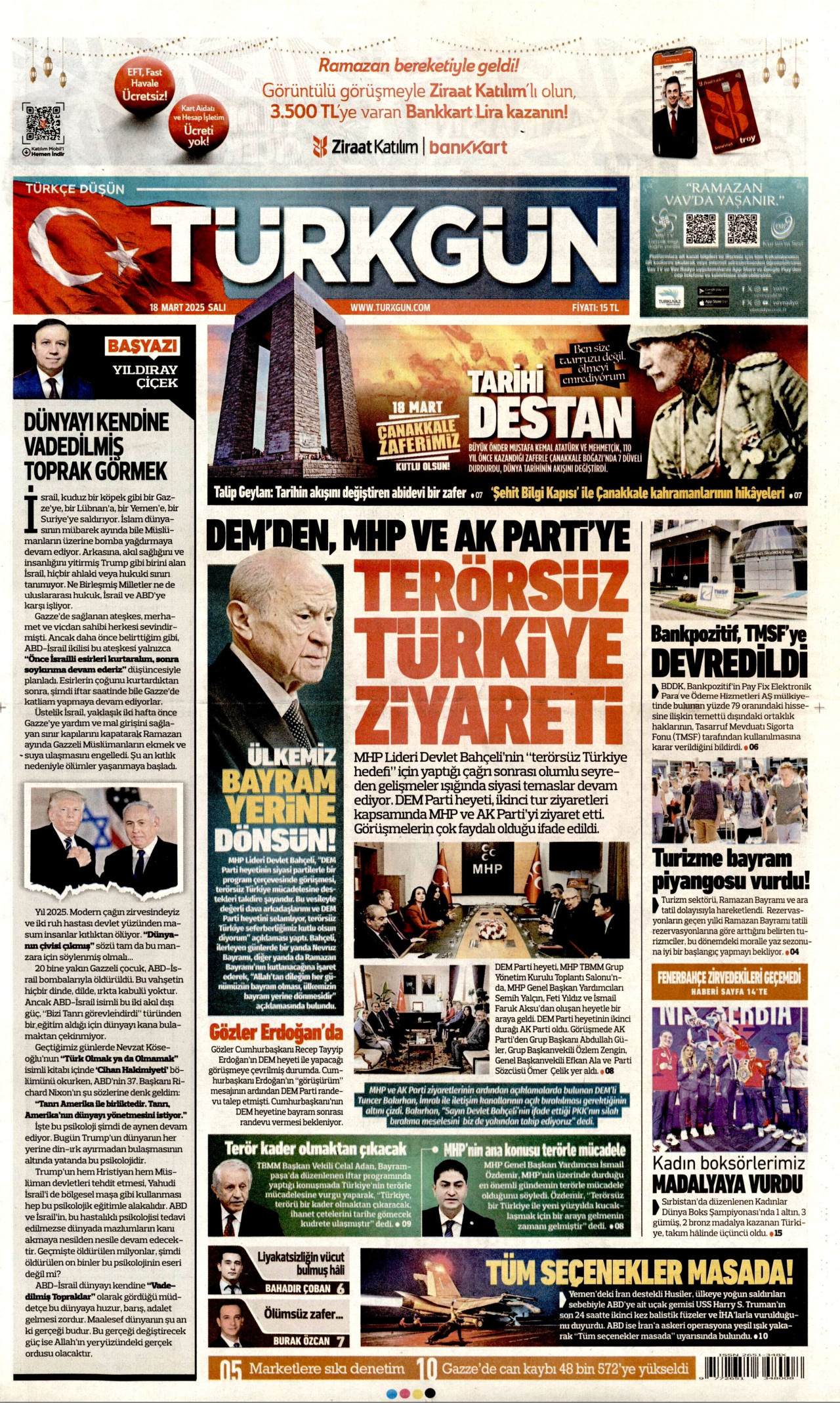TÜRKGÜN gazetesinin 18 Mart 2025 tarihli birinci sayfası